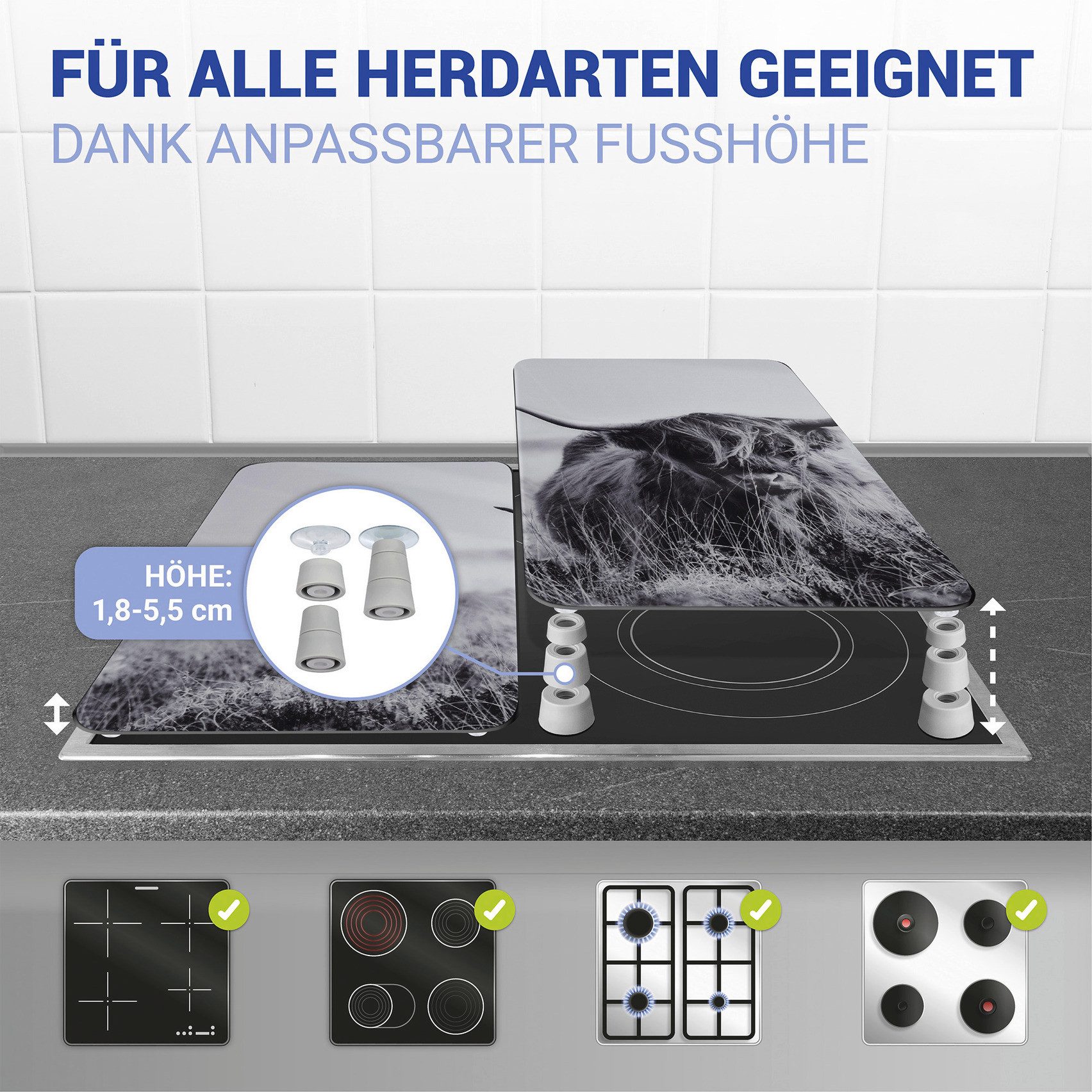 WENKO Herd-Abdeckplatte Universal Modell Highland Cattle, Glas, Kunststoff, (Set, 2 tlg), Herdabdeckung für alle Herdarten, kratzfest, mit rutschfesten Füßen