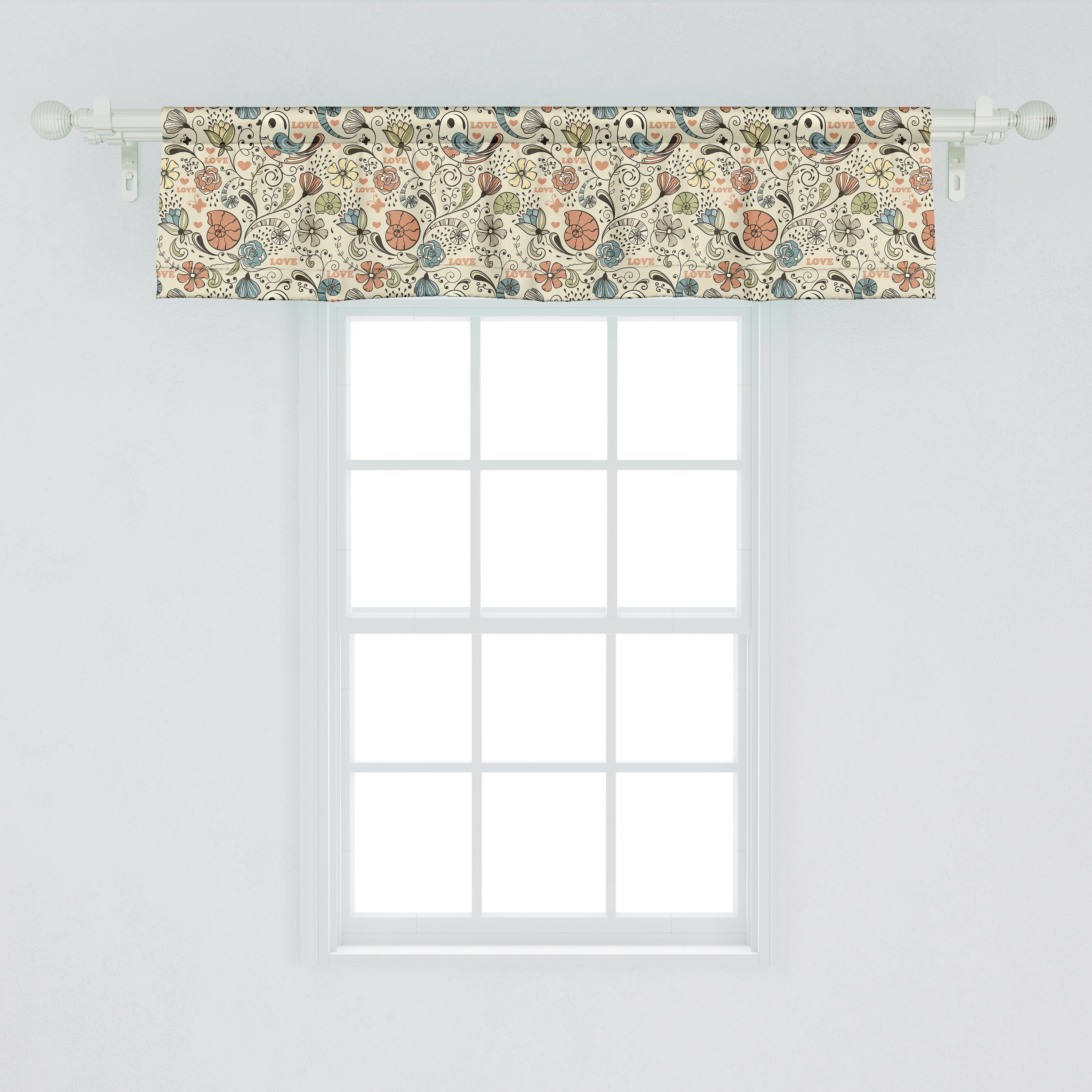 Vorhang für Abakuhaus, Schlafzimmer Küche Scheibengardine Microfaser, mit Tier Blumen Volant Vögel Dekor Schnecken-Herzen Stangentasche,