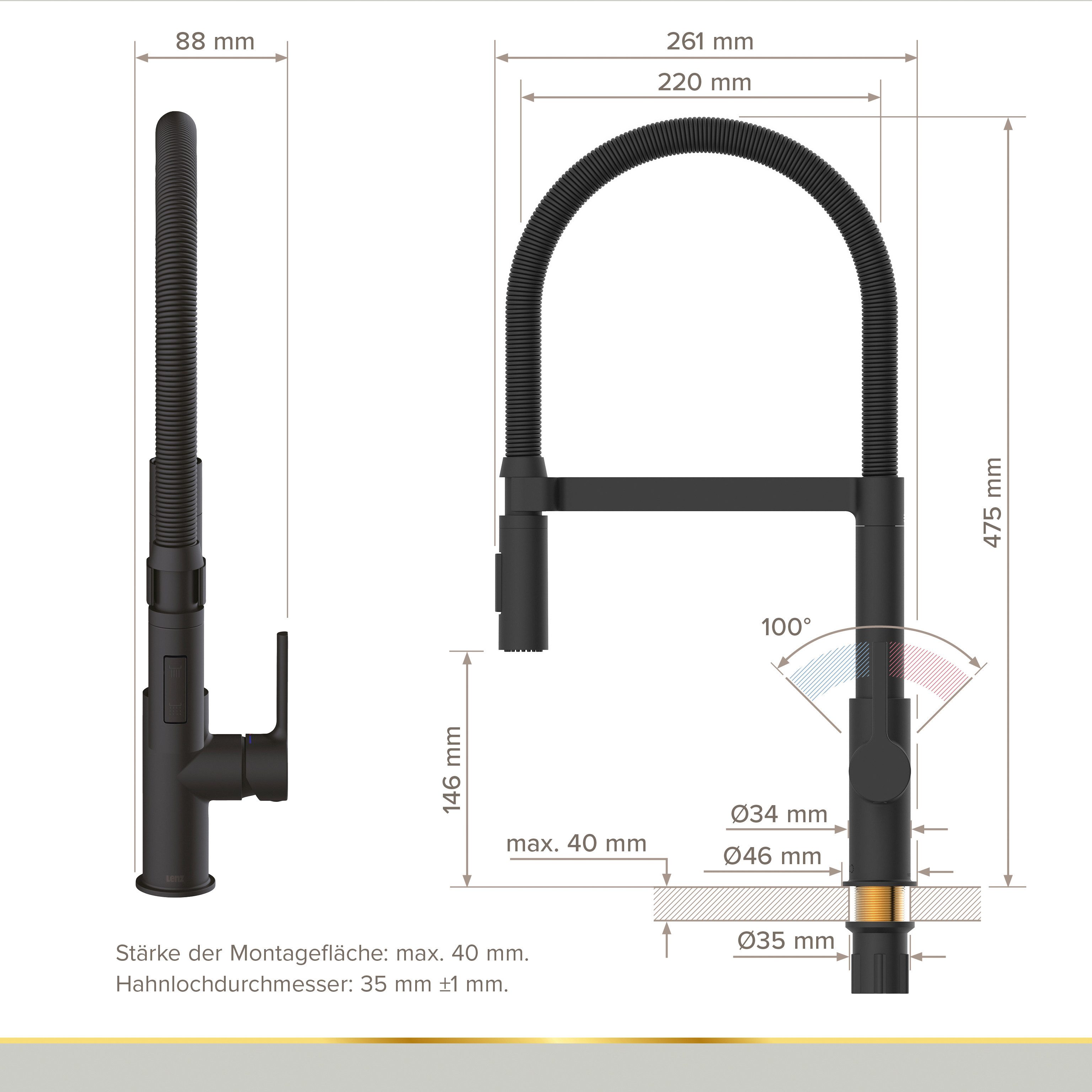 Lenz Küchenarmatur ALUNA mit Pendelbrause 2 Strahlarten, schwenkbar, flexible Brause Flexible Pendelbrause mit 2 Strahlarten – Bild 5 von 5