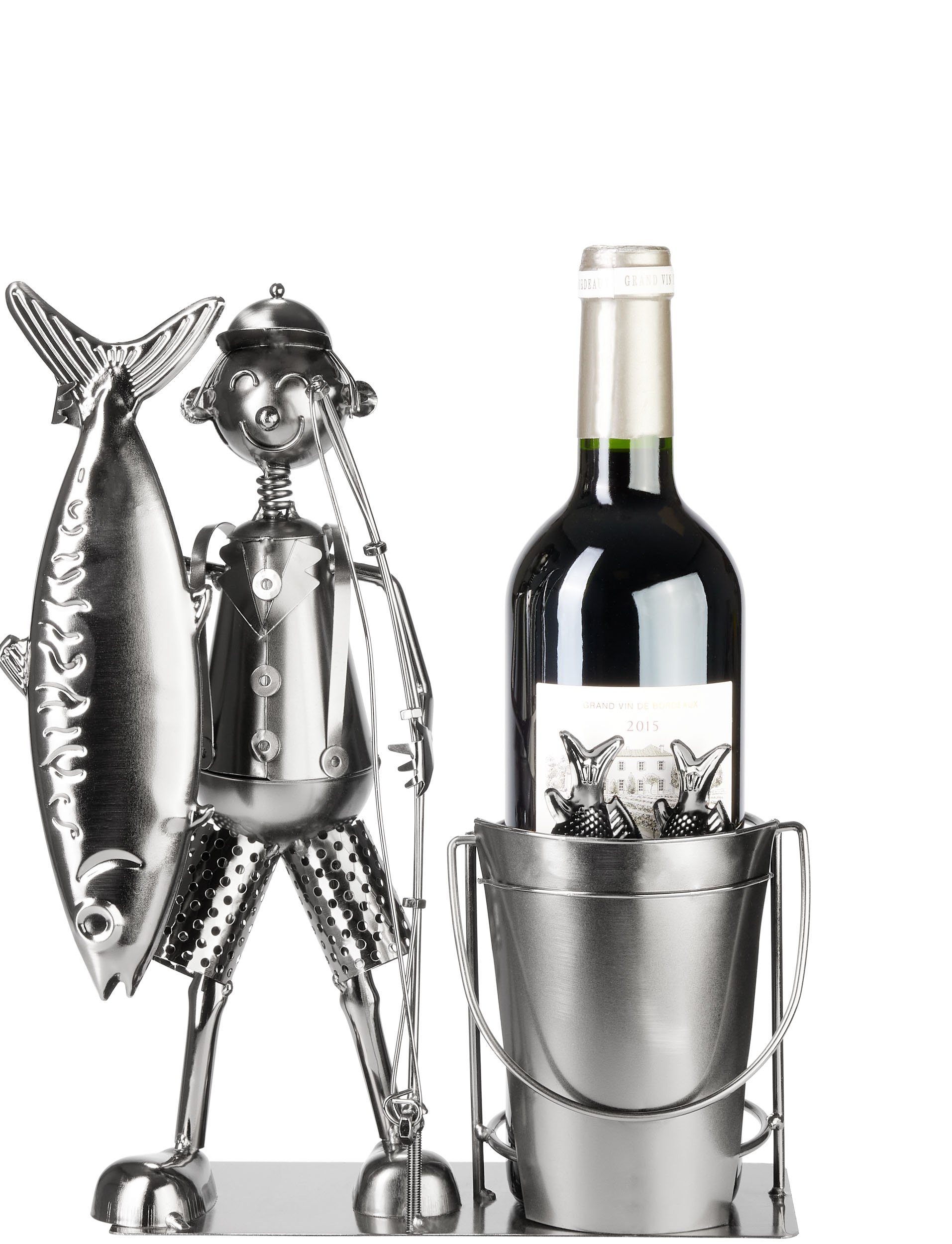 BRUBAKER Weinflaschenhalter Großer Fang - Angler mit Fisch, Angel und Eimer, (Flaschenständer Dekoration mit Grußkarte, 1-St., Metall Flaschenhalter Angeln), 30 cm Wein Geschenk Angelsport