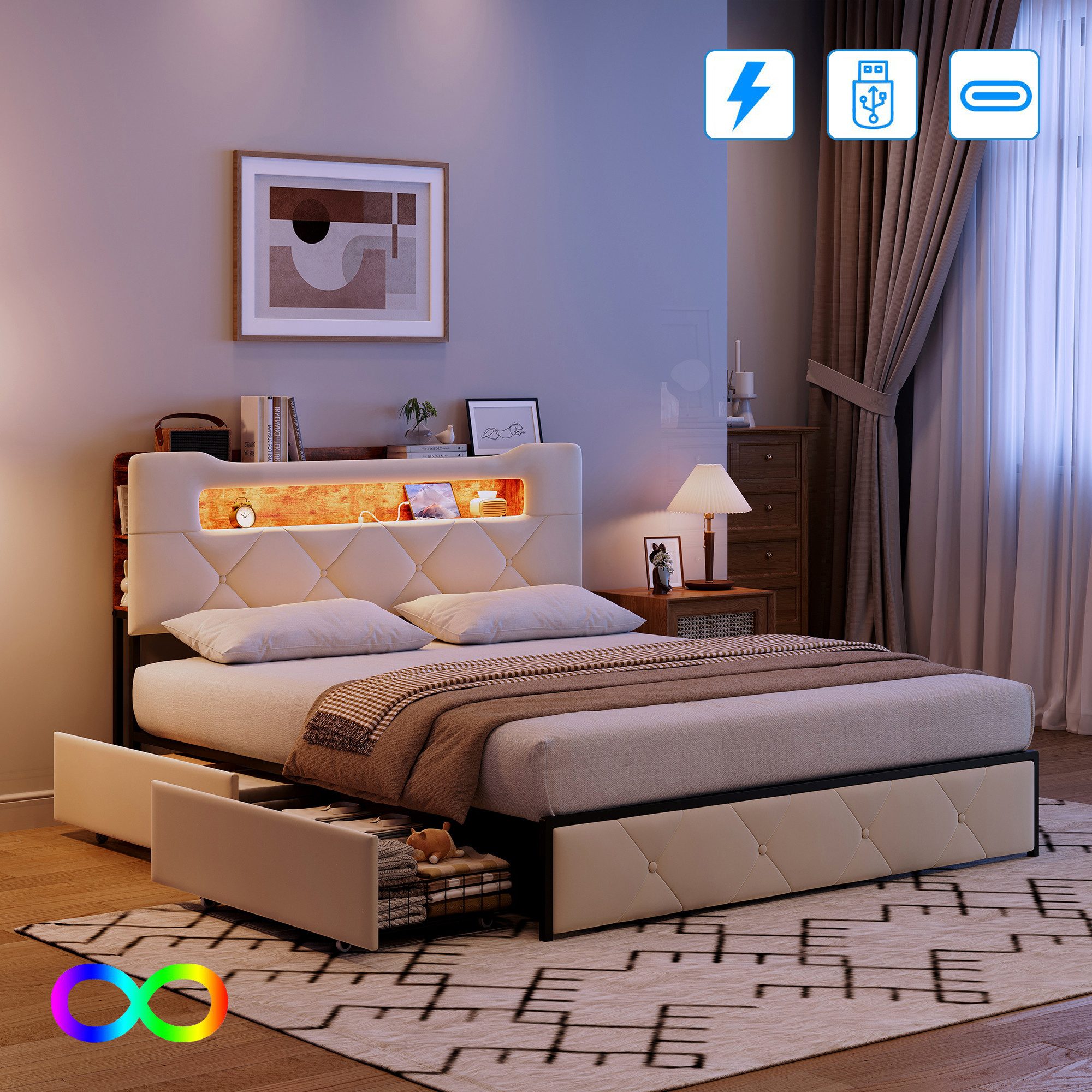 Furnishings Home Polsterbett LED Stauraumbett Doppelbett (1-tlg., LED, Lade günstig online kaufen