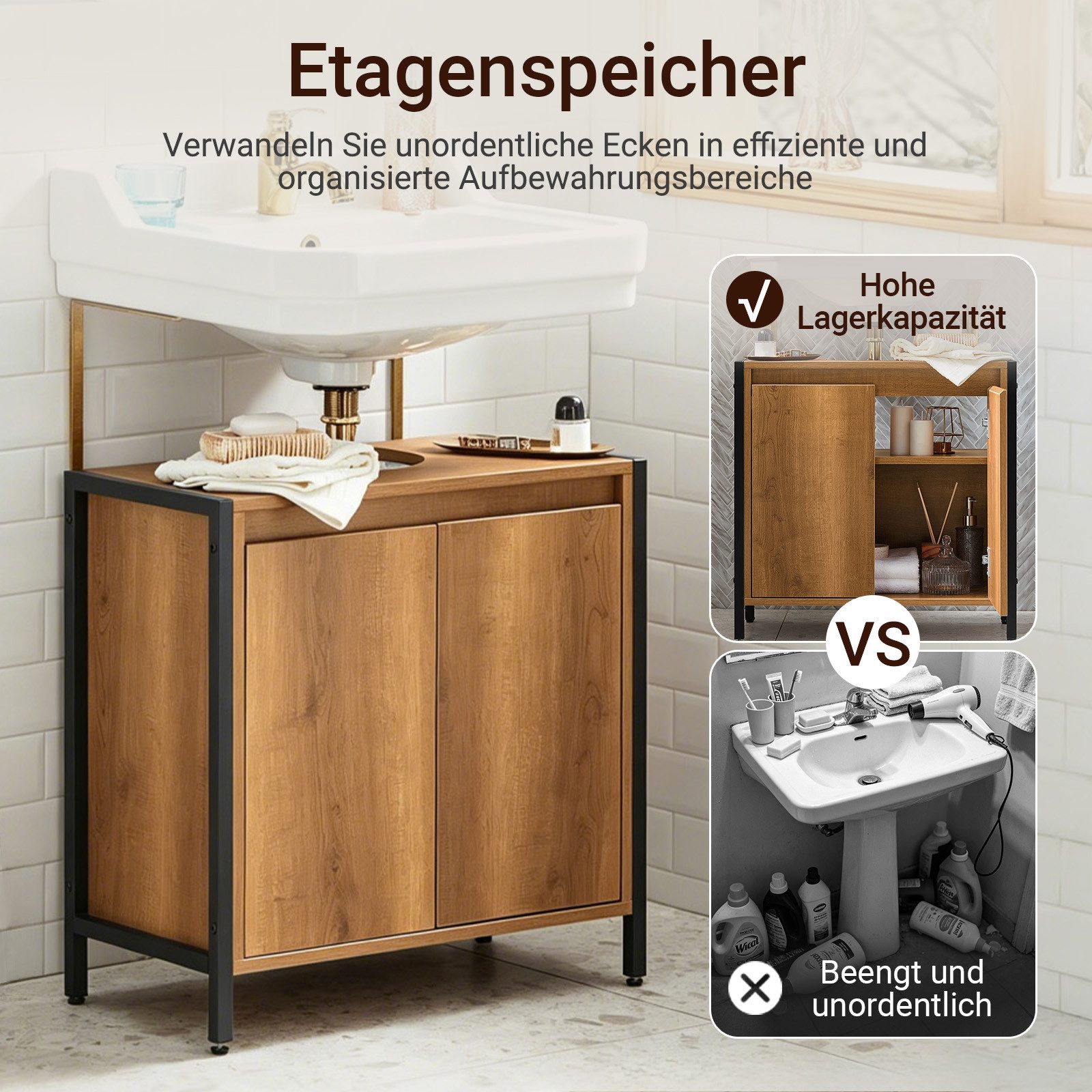 SoBuy Waschbeckenunterschrank BZR63, Waschtischunterschrank Badunterschrank, Industrial-Stil Badschrank Waschtisch Unterschrank Badmöbel Vintage – Bild 5 von 5