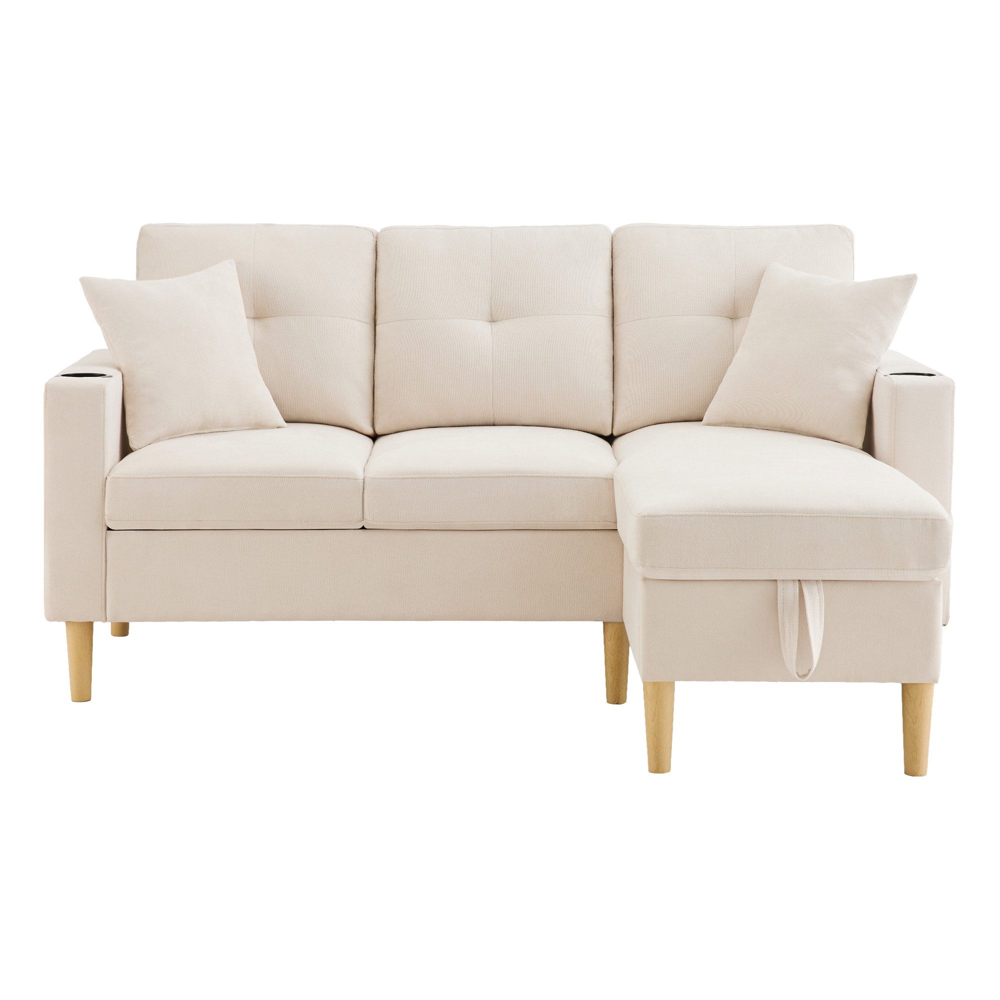 Merax 3-Sitzer Ecksofa Eckcouch in L-Form Eckgarnitur, L-förmiges Sofa aus Baumwoll- und Leinenstoff, 175*129*90cm 1 Teile, 3-Sitzer-Sofa mit integriertem Stauraum, Getränkehaltern und 2 Kissen