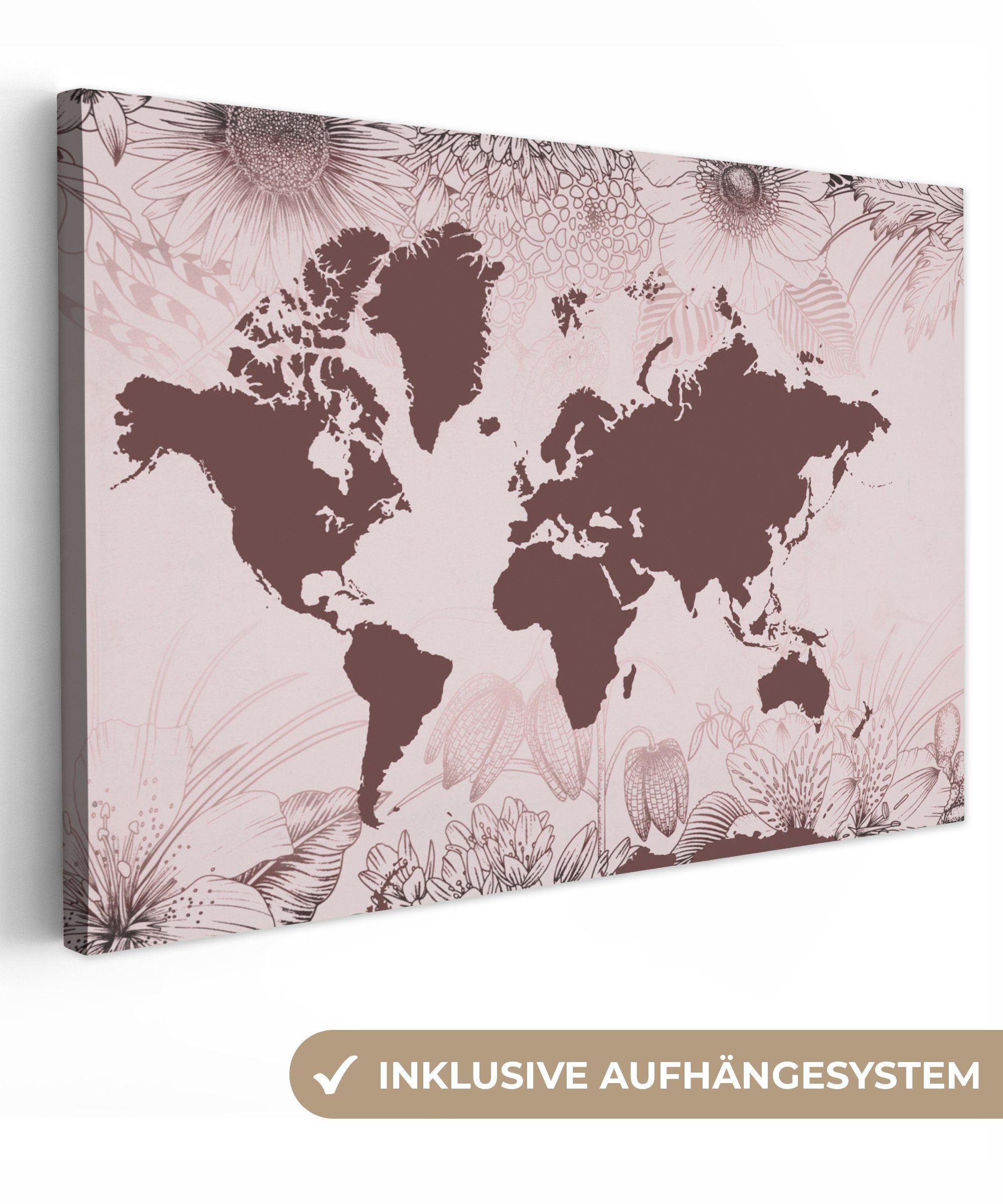 OneMillionCanvasses® Leinwandbild Weltkarte - Blumen - günstig online kaufen