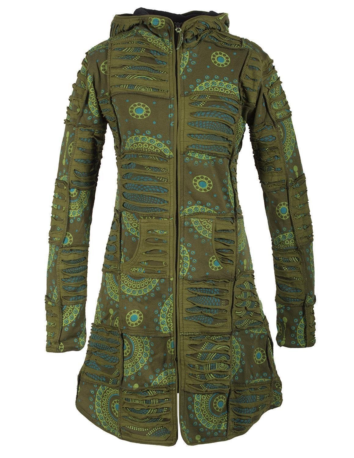 Vishes Kurzmantel Hippie Patchworkmantel Cutwork Druck Zipfelkapuze Goa, Boho, Ethno, Mittelalter Style