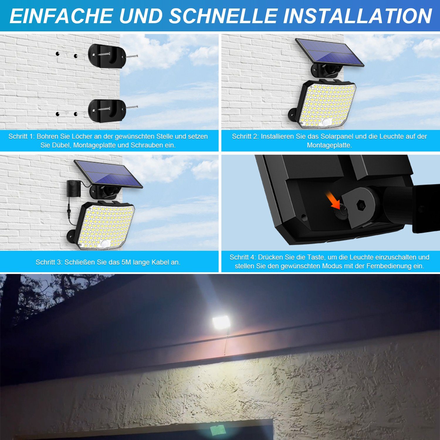 Wandleuchte IP65 mit Fernbedienung Solarleuchte integriert, fest LED sensor Wasserdichte, Außen LED Modi, to 3 Solarlampen Bewegungsmelder,Solar 118 für angle 120°, LED, MUPOO Aussen,