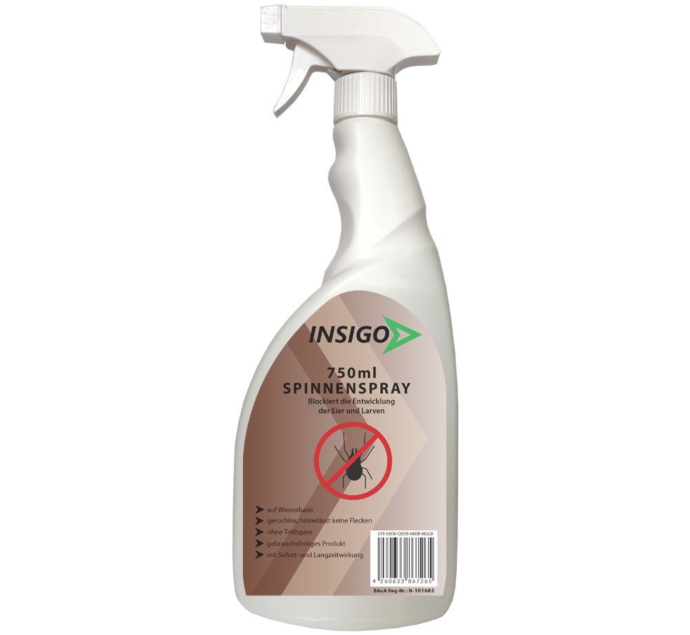 INSIGO Insektenspray Spinnen-Spray Hochwirksam gegen Spinnen, 0.75 l, auf Wasserbasis, geruchsarm, brennt / ätzt nicht, mit Langzeitwirkung
