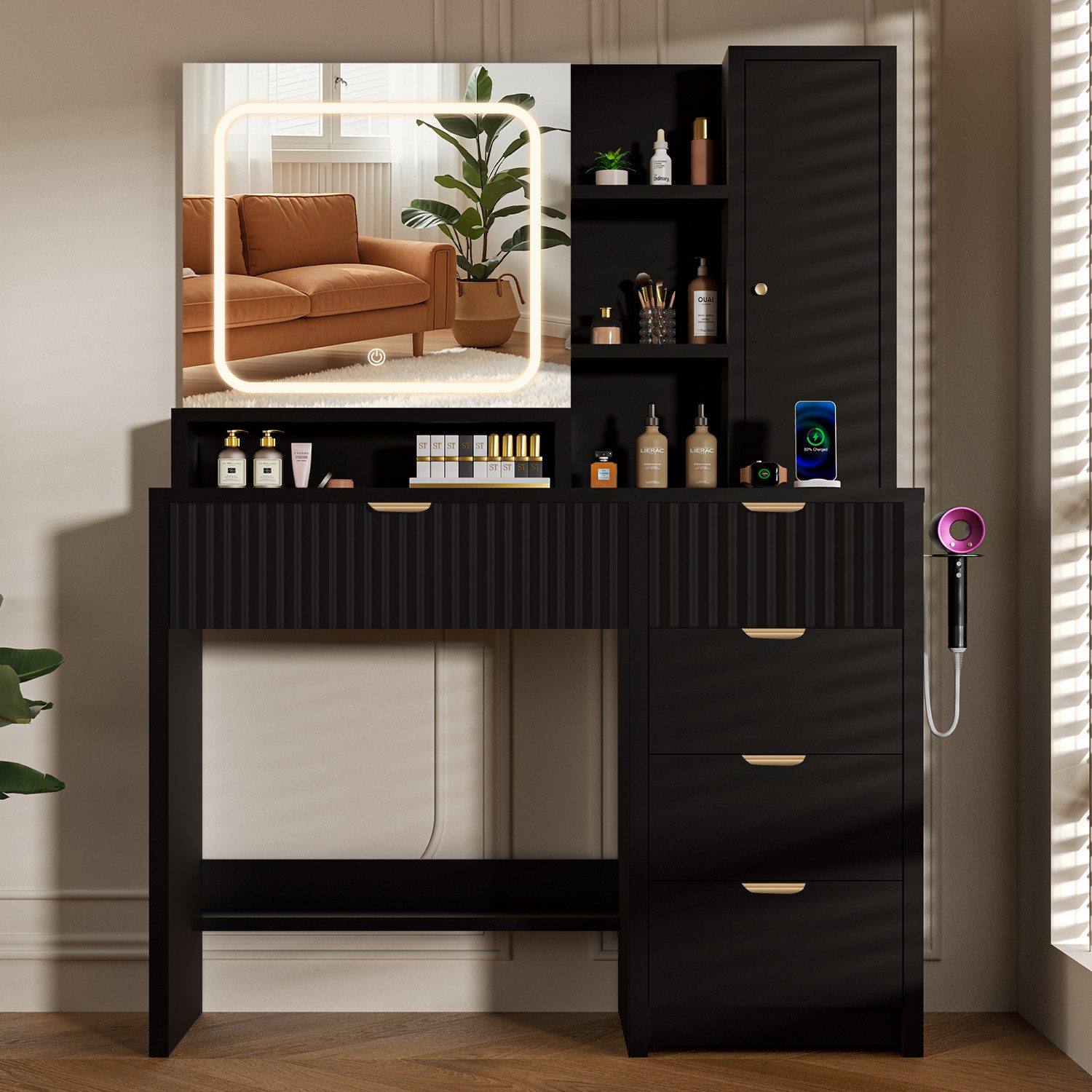 Lexzurn Schminktisch Schminktisch mit LED-Beleuchtung, Kosmetiktisch mit Spiegel, 5 Schubladen+8 offene Fächer, Helligkeit verstellbar, 90x139x40 cm