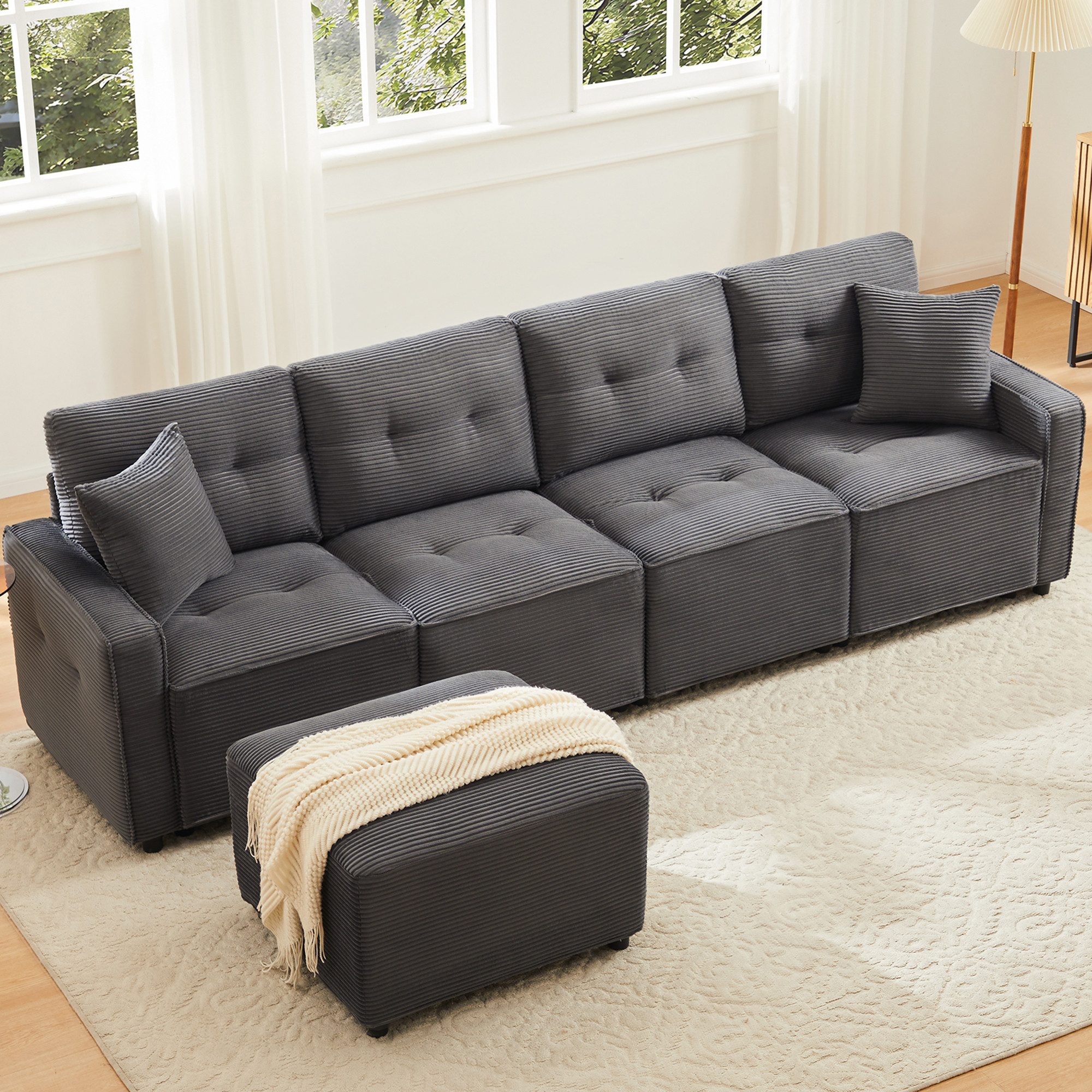 Flieks 4-Sitzer Sofa mit hydraulisches Stauraum und 1 Hocker, L280xT83xH85 cm, L-förmiges Sofa Ecksofa Polstersofa inkl. Kissen, Cordstoff Grau