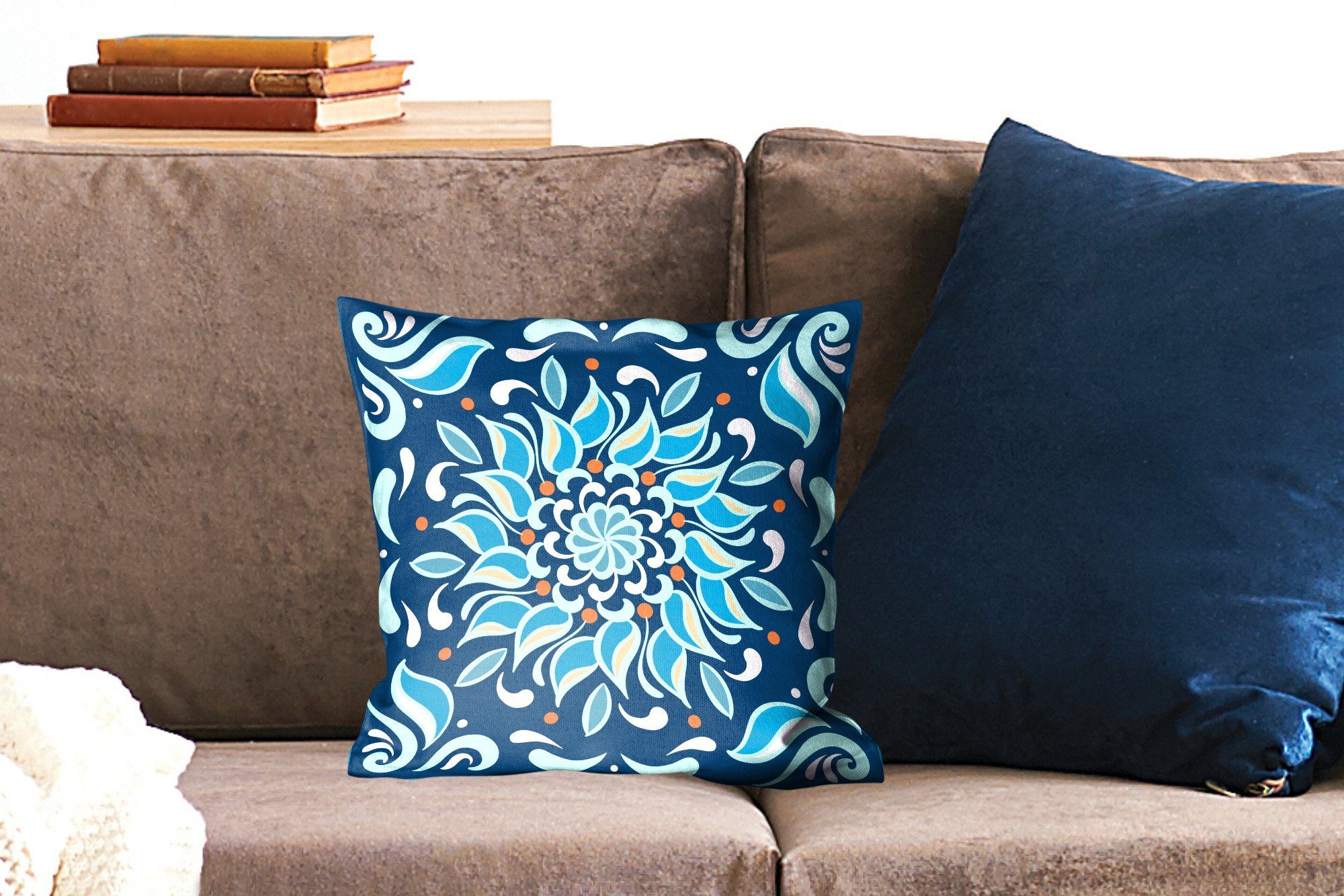 MuchoWow Dekokissen Blume - Blau für Quadratisch Sofakissen Muster, - Füllung Wohzimmer, mit Schlafzimmer, Zierkissen - Deko
