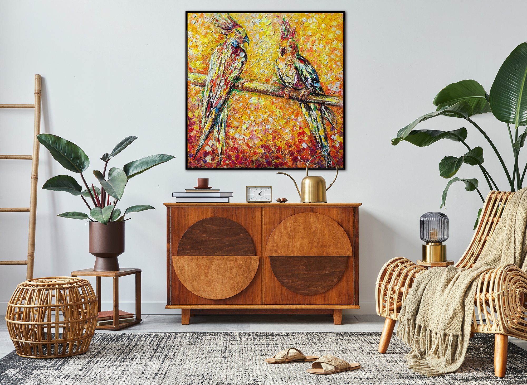 Tierbilder, der Schwarz Rahmen Papagei Rot Sonne, Gemälde Leinwand Handgemalt Orange Mit Bunt in YS-Art Bild Papagei in