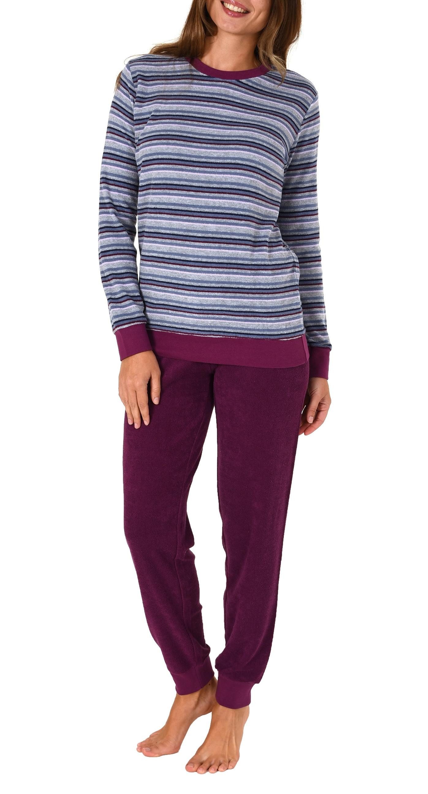 Pyjama Damen Frottee Pyjama lanf+g mit Bündchen und modischen Ringeln
