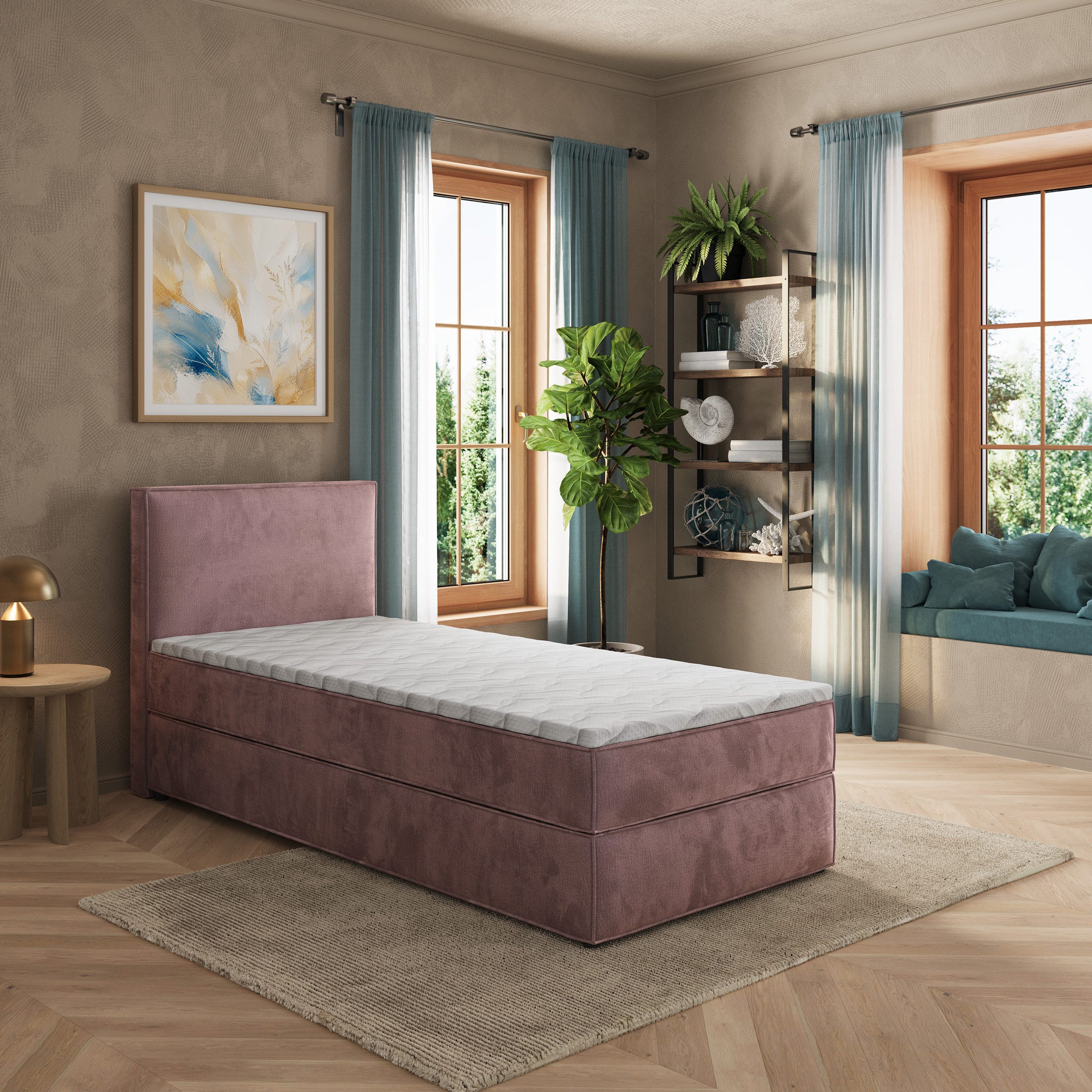 Masseno Boxbett PELLIO 80x200 cm mit Bonell Matratze und Topper, Einzelbett, Jugendbett, Polsterbett mit Kopfteil, Boxspringbett