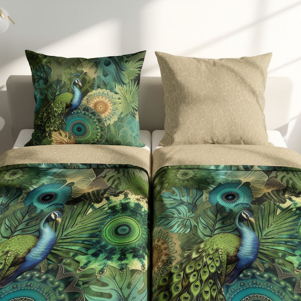 hip Bettwäsche Baumwolle, Renforcé, 2 teilig, Mandalas mit Pfau und Pflanzen, grün, natur