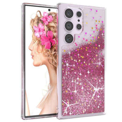 EAZY CASE Handyhülle Liquid Glittery Case für Samsung Galaxy S23 Ultra 6,8 Zoll, Glitzerhülle Shiny Slimcover stoßfest Durchsichtig Bumper Case Pink