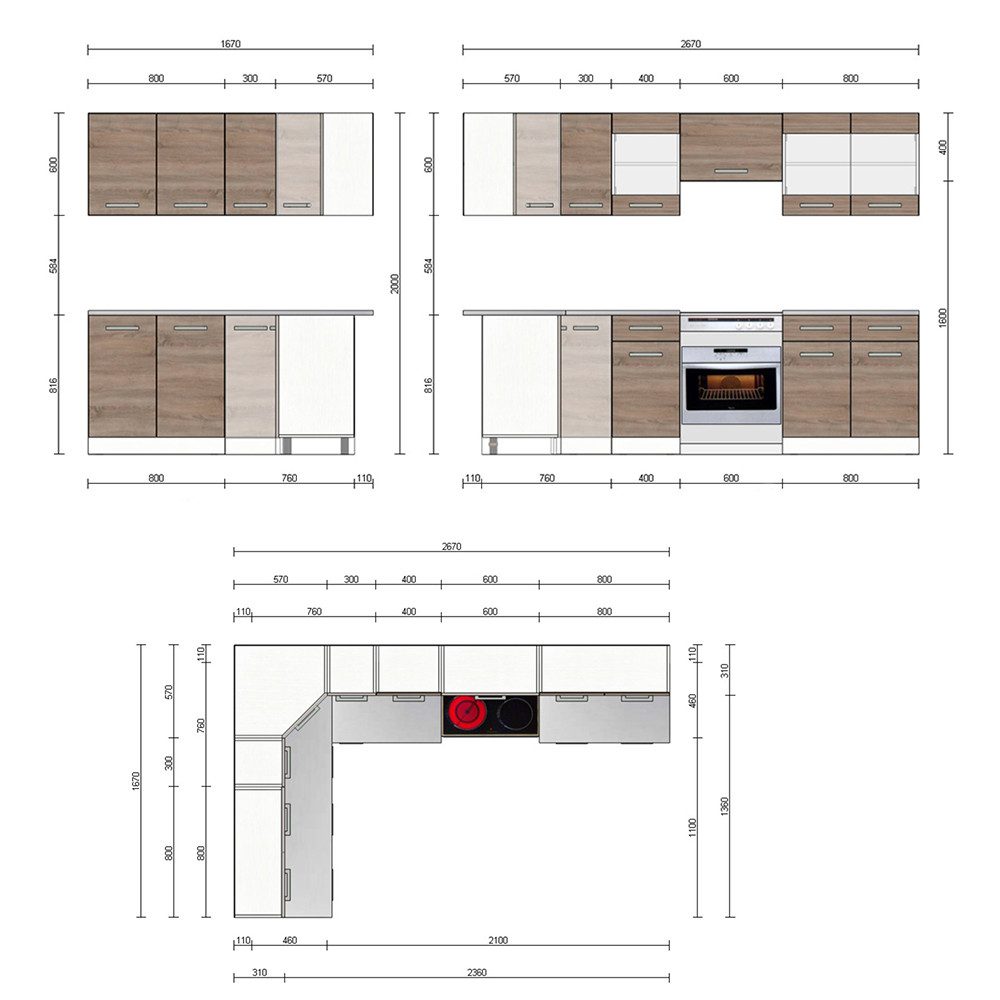 Vicco Winkelküche Rick, Weiß/Sonoma, 267 x 167 cm, AP Marmor