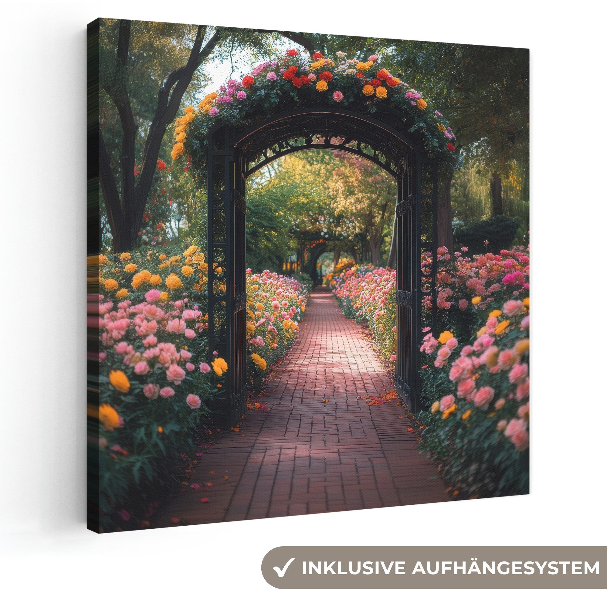 OneMillionCanvasses® Leinwandbild Fensterblick - Fenster - Blumen - Weg - Natur - Farbenfroh, Fotodruck (1 St), Wandbild, Deko Schlafzimmer Wohnzimmer Flur 20x20 cm