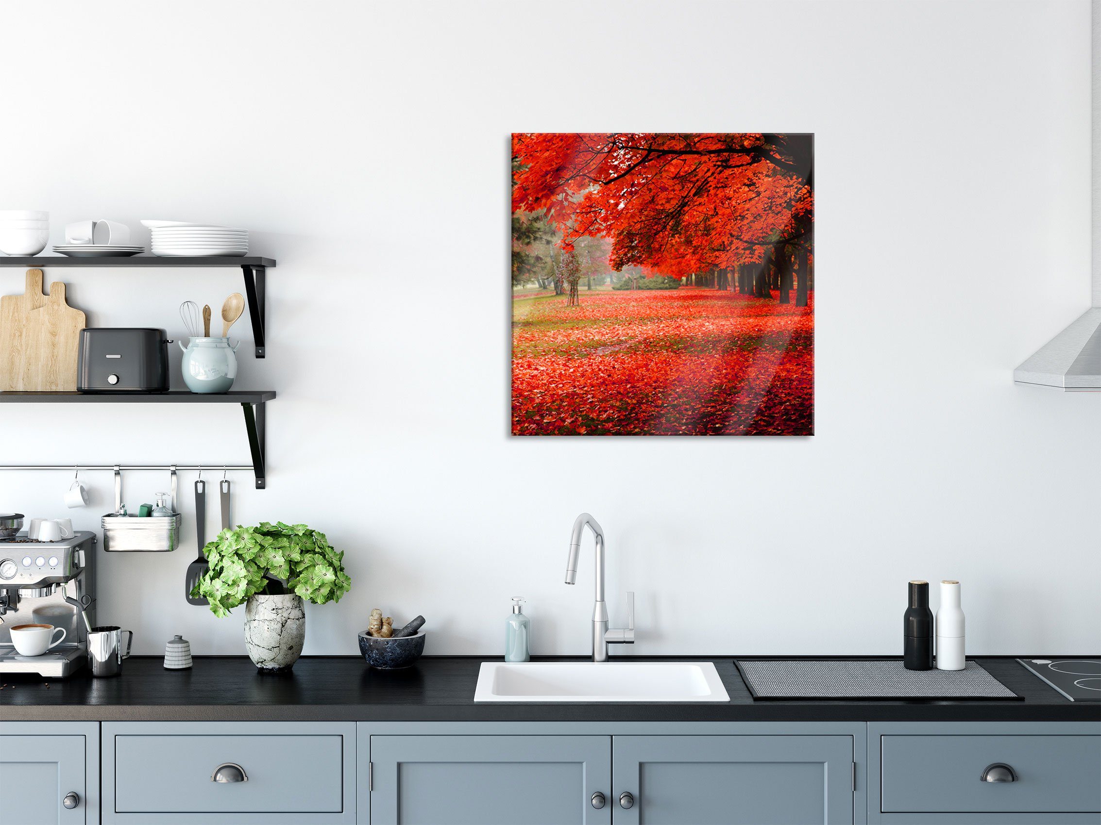 Echtglas, (1 Park Abstandshalter inkl. Rot und Herbst, Glasbild Aufhängungen im gefärbter Park Rot Glasbild Pixxprint im Herbst aus gefärbter St),