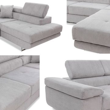 MIRJAN24 Ecksofa Torezio Cord, mit Bettkasten und Schlaffunktion, Einstellbare Kopfstützen, 274x203x70-90 cm