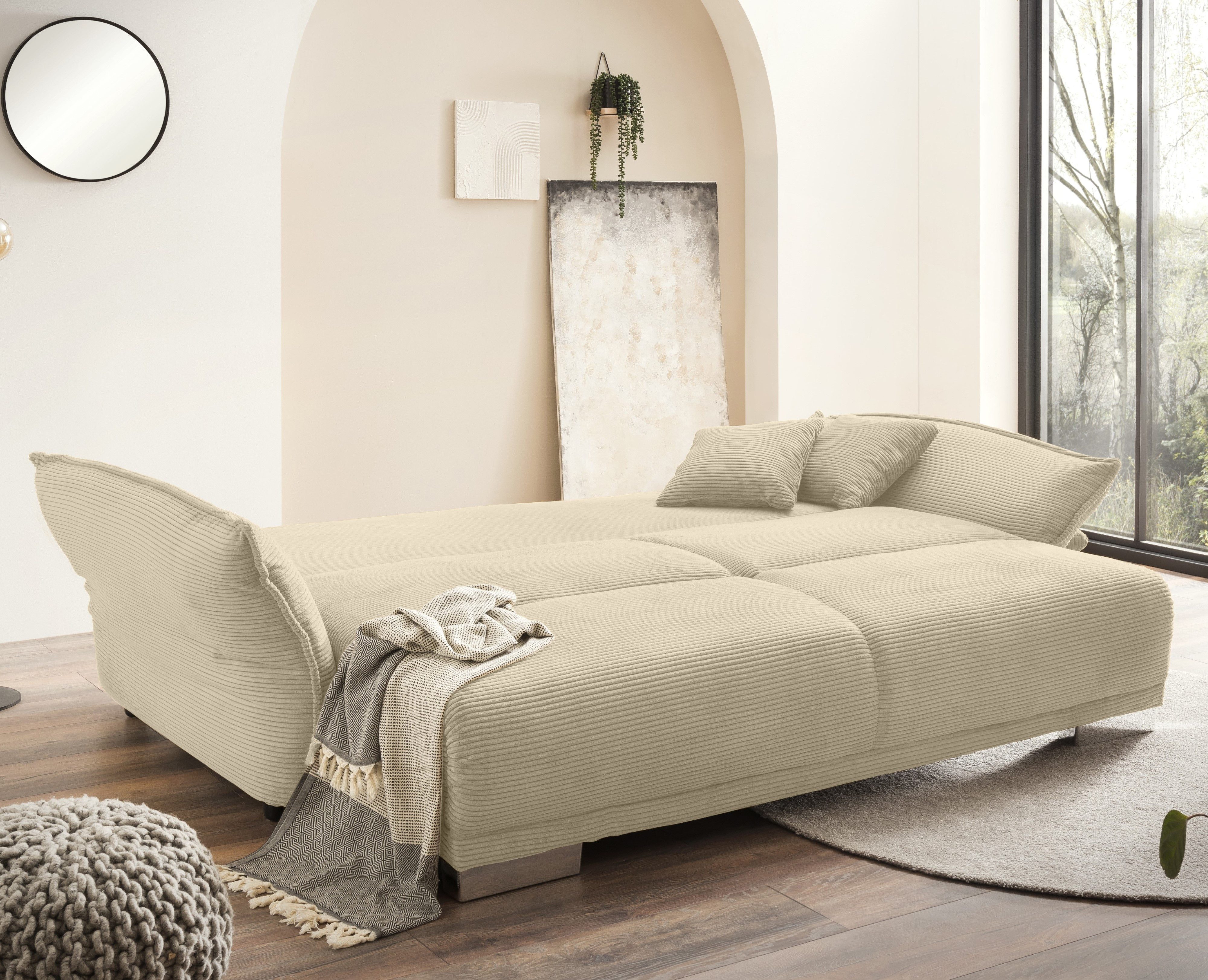 luma-home Big-Sofa 17215, mit Bettfunktion B242/T131/H90 cm, Liegefläche 168x199 cm, rasterlose Armlehnenverstellung, Federkernpolsterung, Wellenunterfederung, Stauraum, Kissen, Bezug Cord Beige Grau