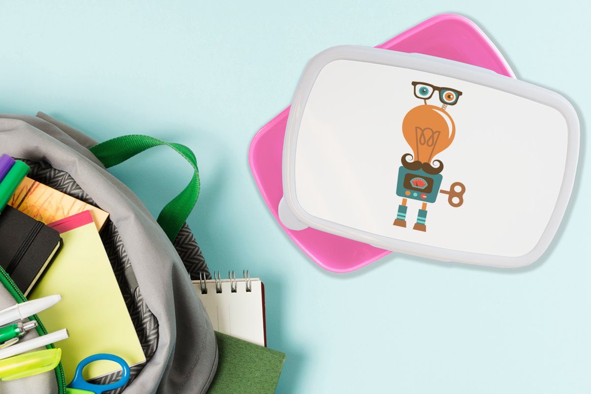 Kunststoff für Brille MuchoWow - Lunchbox Jungen, rosa Erwachsene, Schnauzbart Kinder Roboter Snackbox, Brotbox Kunststoff, - Mädchen, (2-tlg), - - Kinder, Brotdose