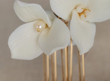 Brautkrone Haarkamm Braut Haarschmuck mit weißen Blumen zur Hochzeit, Keramikblüten
