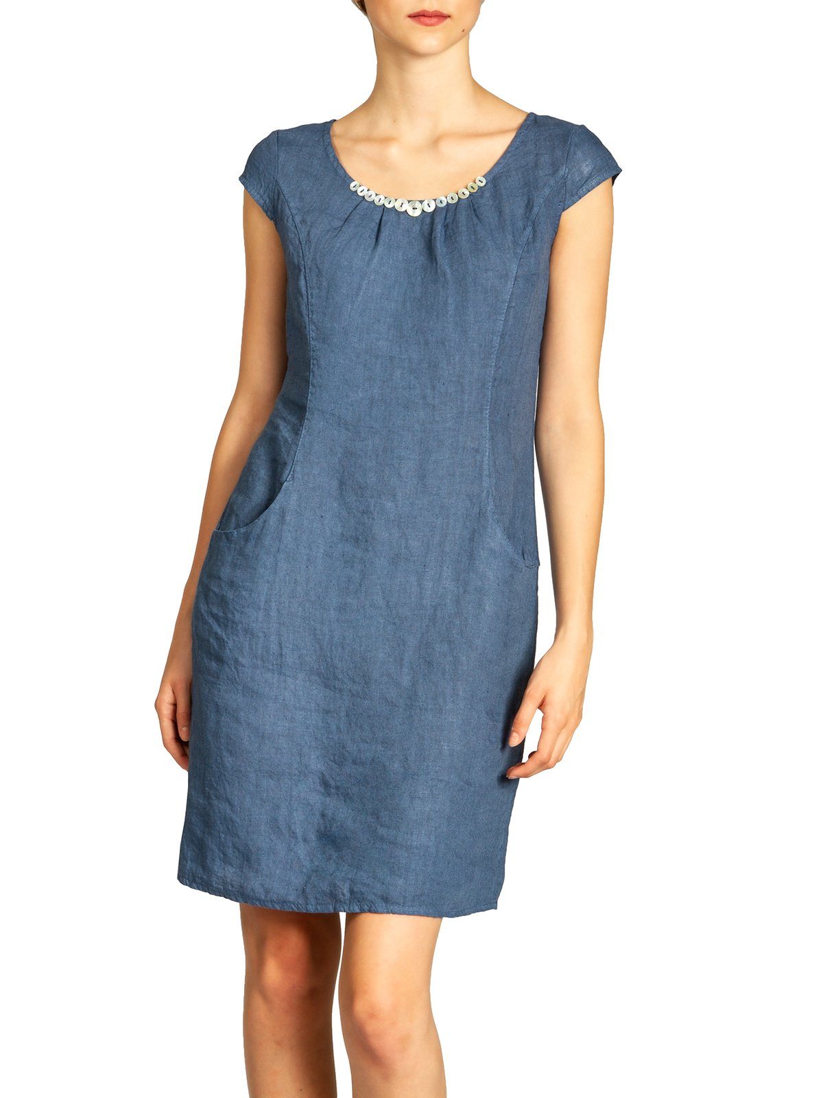 Caspar Sommerkleid SKL018 knielanges Damen Sommer Leinenkleid mit Perlmutt Knöpfe Dekor figurumspielender Schnitt, luftig leicht, angenehm kühlend