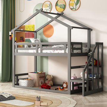 Ulife Etagenbett Kinderbett Holzbett mit Sicherheitstreppe 90x200cm, Etagenbettgestell aus Massivholz mit Lattenrost