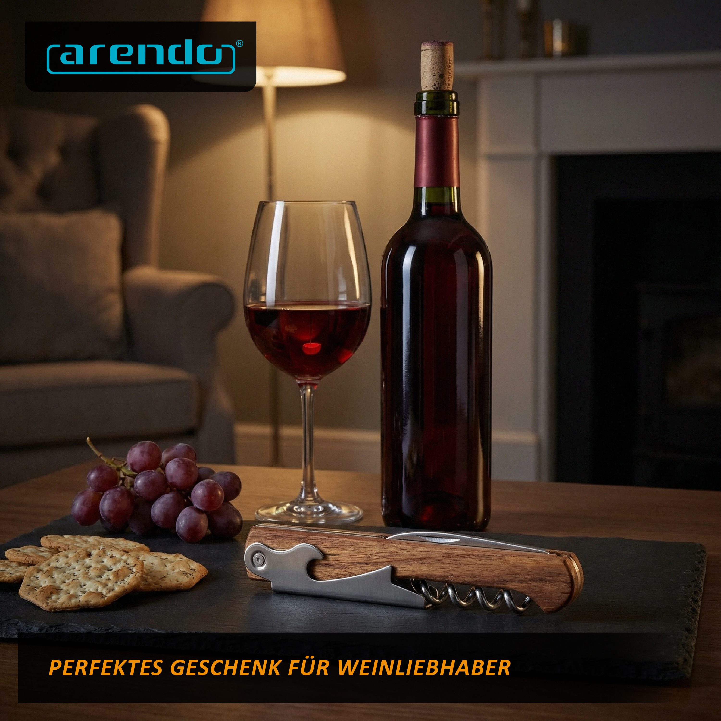 Arendo Korkenzieher Edelstahl Weinöffner, Flaschenöffner, Tasschenmesser, Folienschneider, (1 tlg., für Wein, Picknick und Gastronomie), elegantes Kellnerbestec – Bild 5 von 5
