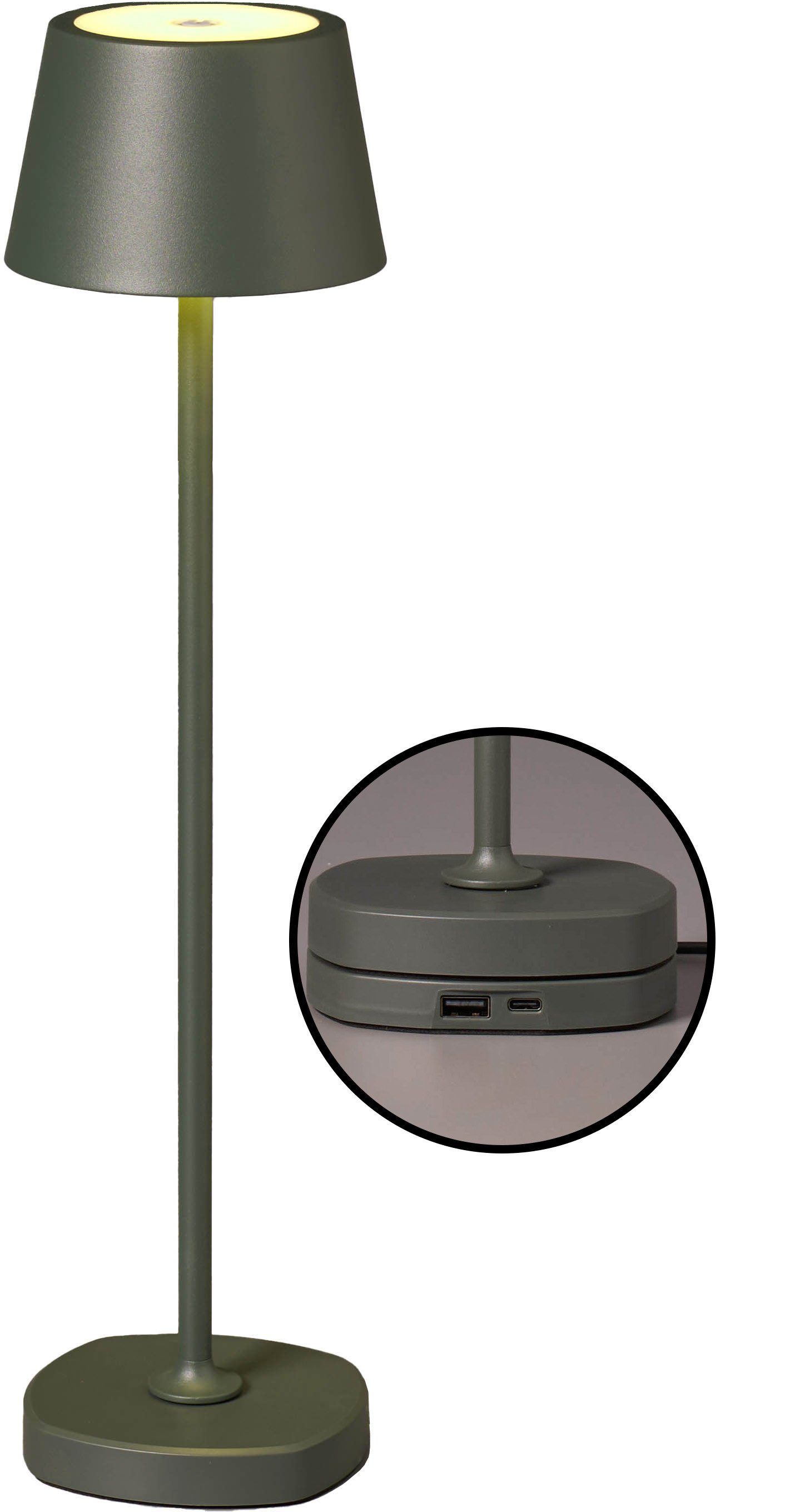 Northpoint Tischleuchte Tischlampe dimmbar mit hoch max. Akku warmweiße LED 45cm Ladestation olivegrün