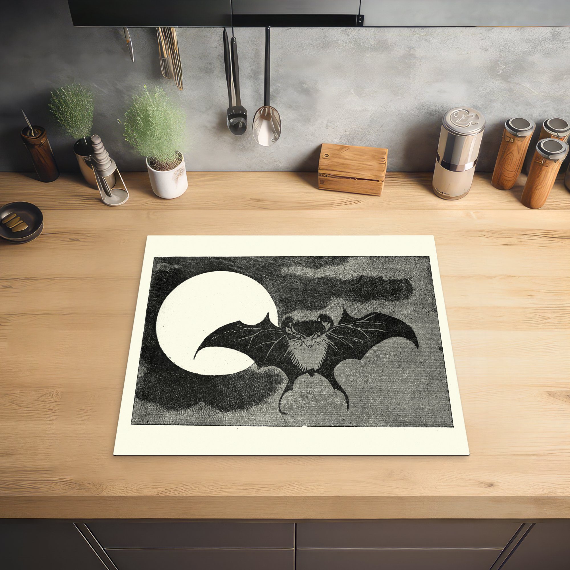 MuchoWow Herdblende-/Abdeckplatte Illustration vor Mond einem Vinyl, Fledermaus 60x52 nutzbar, Ceranfeldabdeckung einer cm, in tlg), Arbeitsfläche schwarz-weiß, (1 Mobile