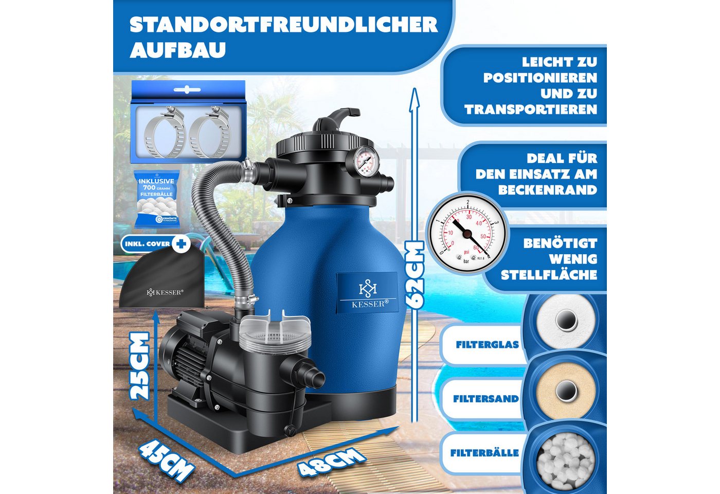 Thumbnail - KESSER Sandfilteranlage, Sandfilteranlage Sandfilter 700g Filterbälle ersetzen 25kg