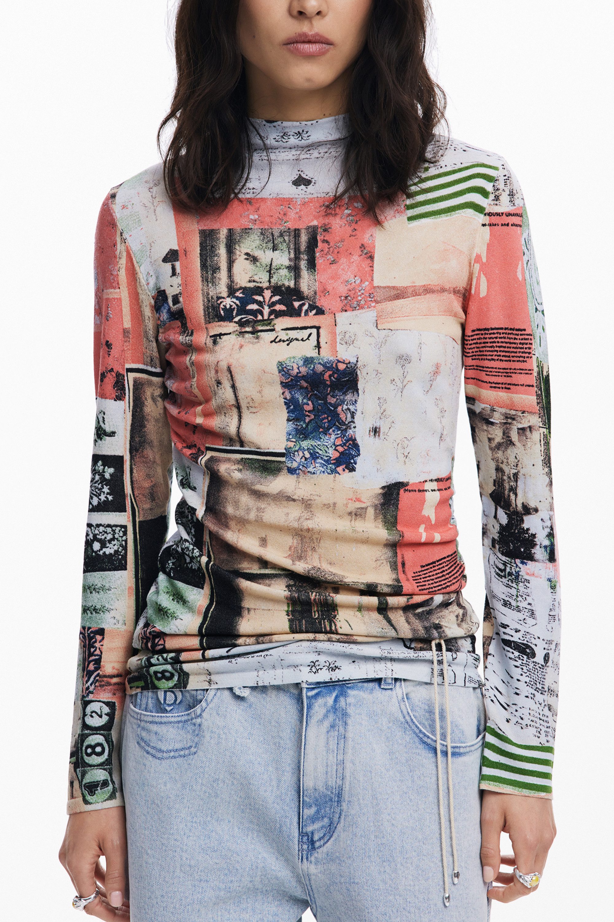 Desigual Strickpullover Damenpullover Rosa Langarmshirt mit Muster & Stehkragen entdecken