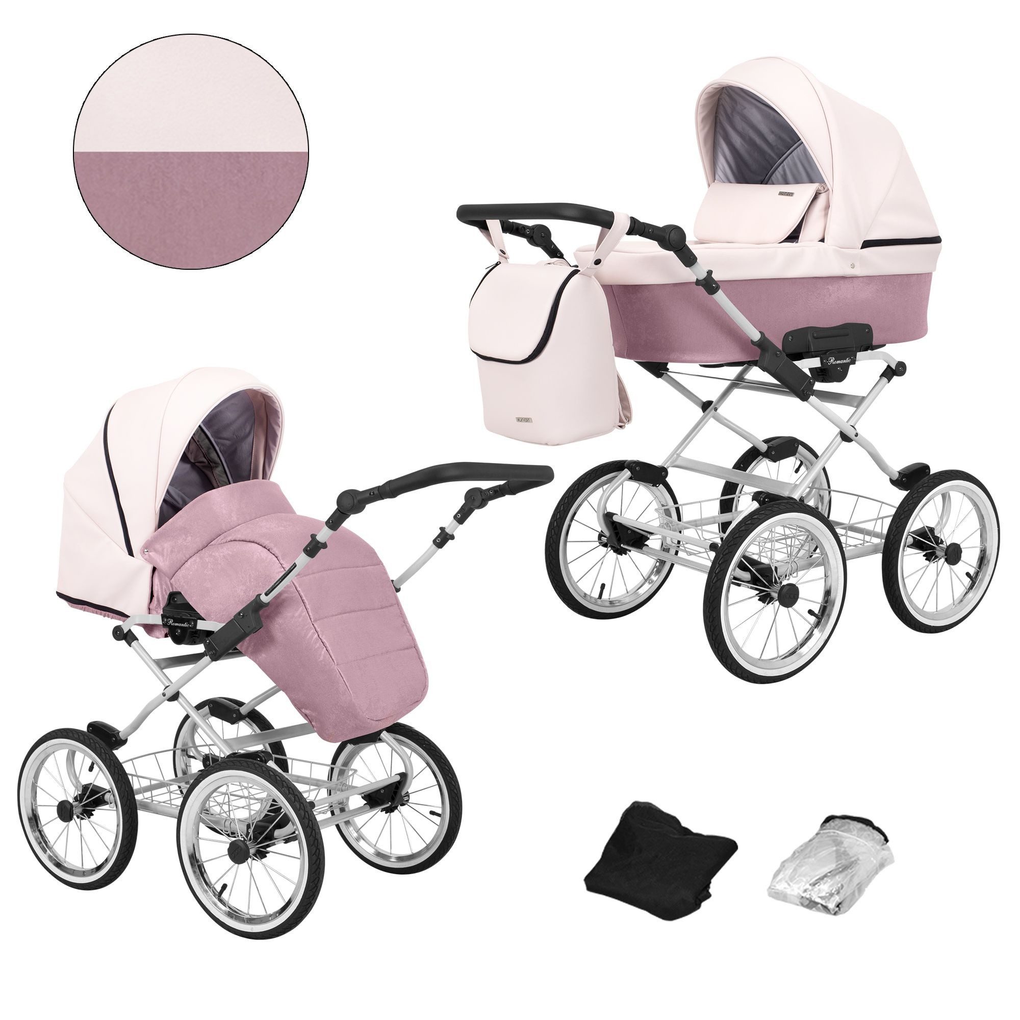 KUNERT Kombi-Kinderwagen Romantic 2 in1 Öko-Leder Kinderwagen mit AIR WHEEELS und grauem Rahmen, 3-in-1-Kit mit Tragewanne, Buggy, Autositz und Rucksack