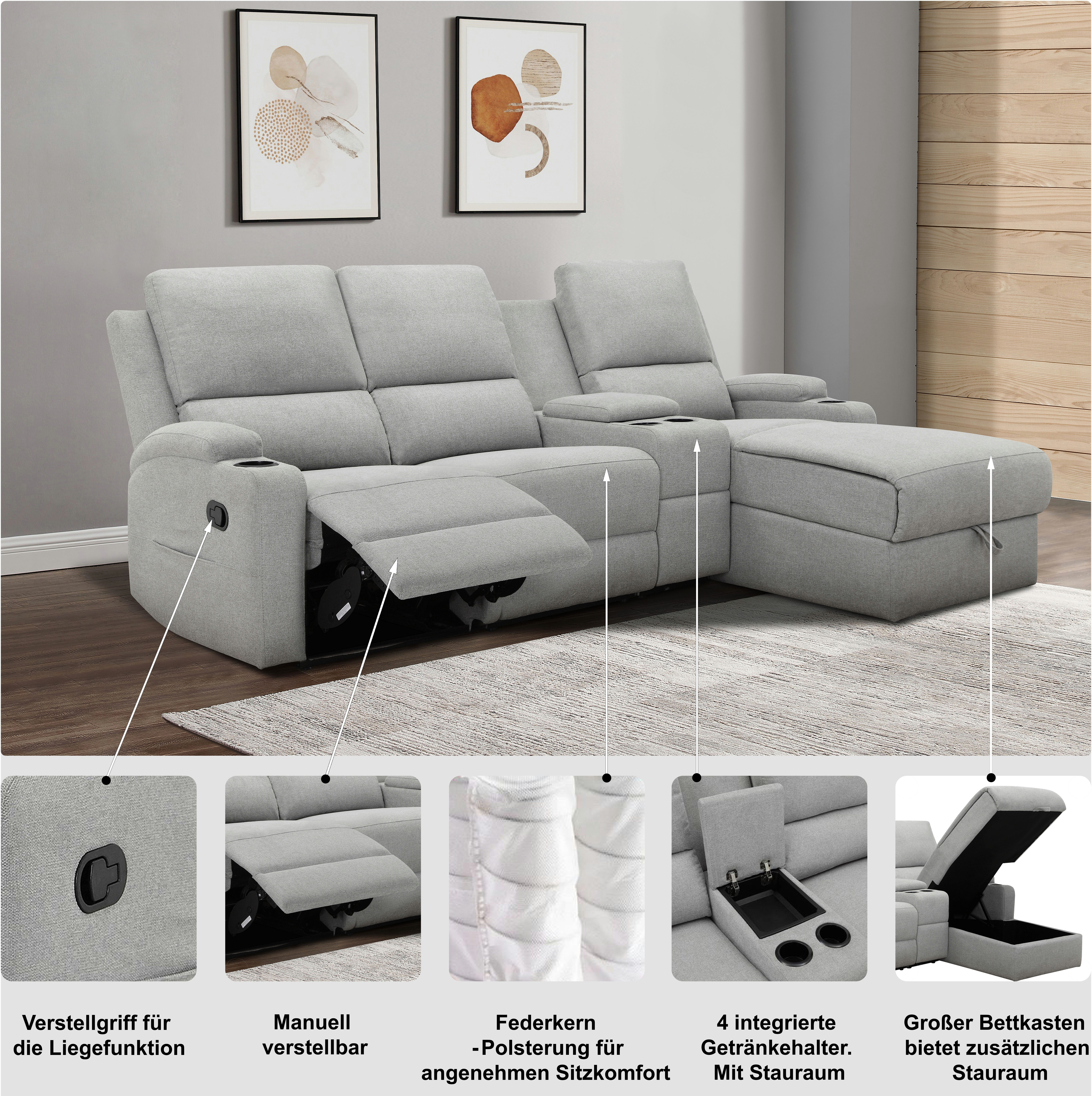 OTTO home Ecksofa NAPORI Multimediasofa, 3er Kinosessel XXL, L-Form, 3 Bezugsstoffe, Kinosofa mit Relaxfunktion, Getränkehalter, Staufach und Staukasten