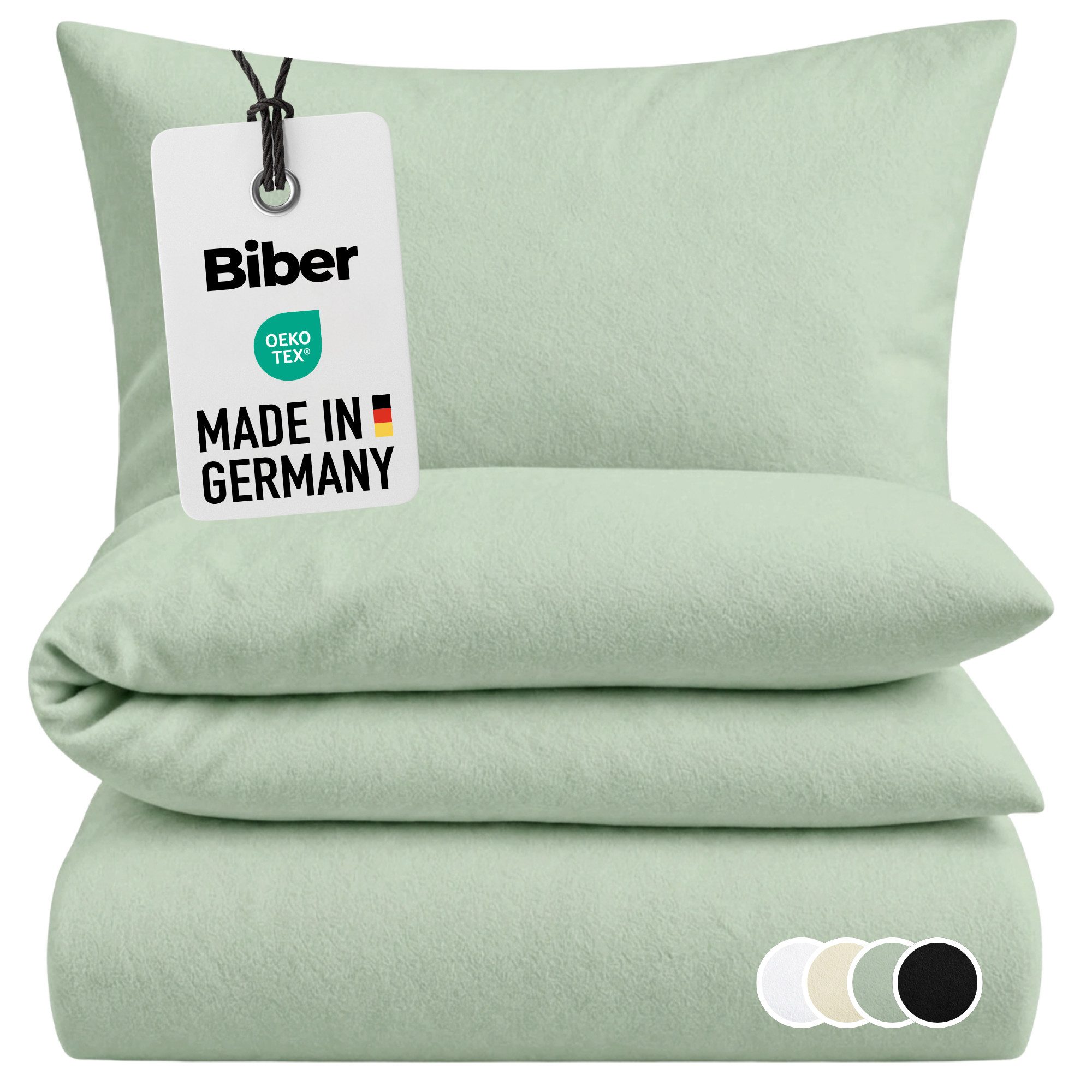 Carpe Sonno Bettwäsche Biber Bettwäsche Salbeigrün Uni aus 100% Baumwolle, Biber, 2 teilig, MADE IN GERMANY - Flauschige Feinbiber Winterbettwäsche Grün 155 x 220