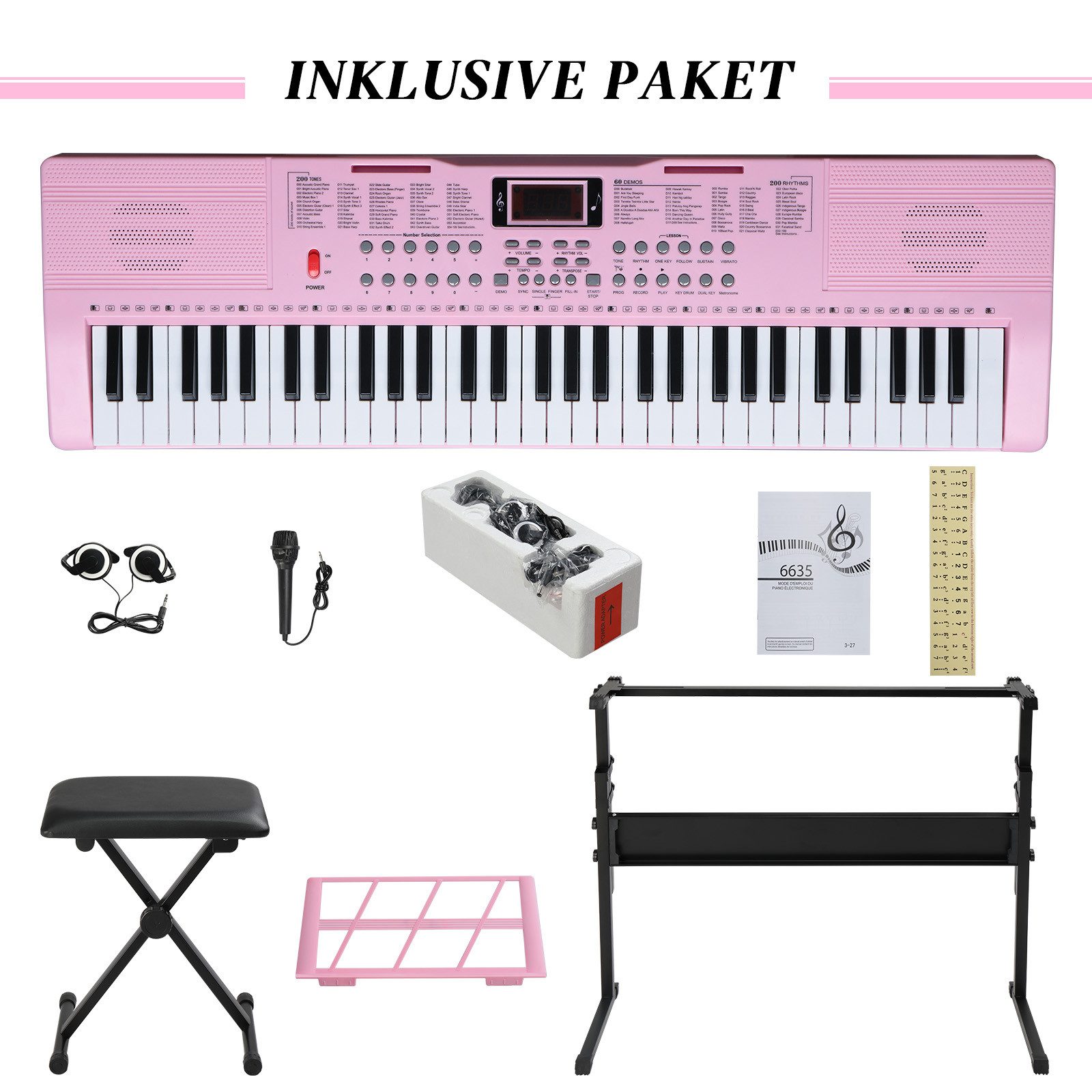 VINGLI Digitalpiano 61-Tasten Keyboard Piano Set mit Klavierständer, Klavierhocker, tragbar, LED-Bildschirm, 3 Lehrmodi, Schwarz/Weiß/Rosa – Bild 5 von 5