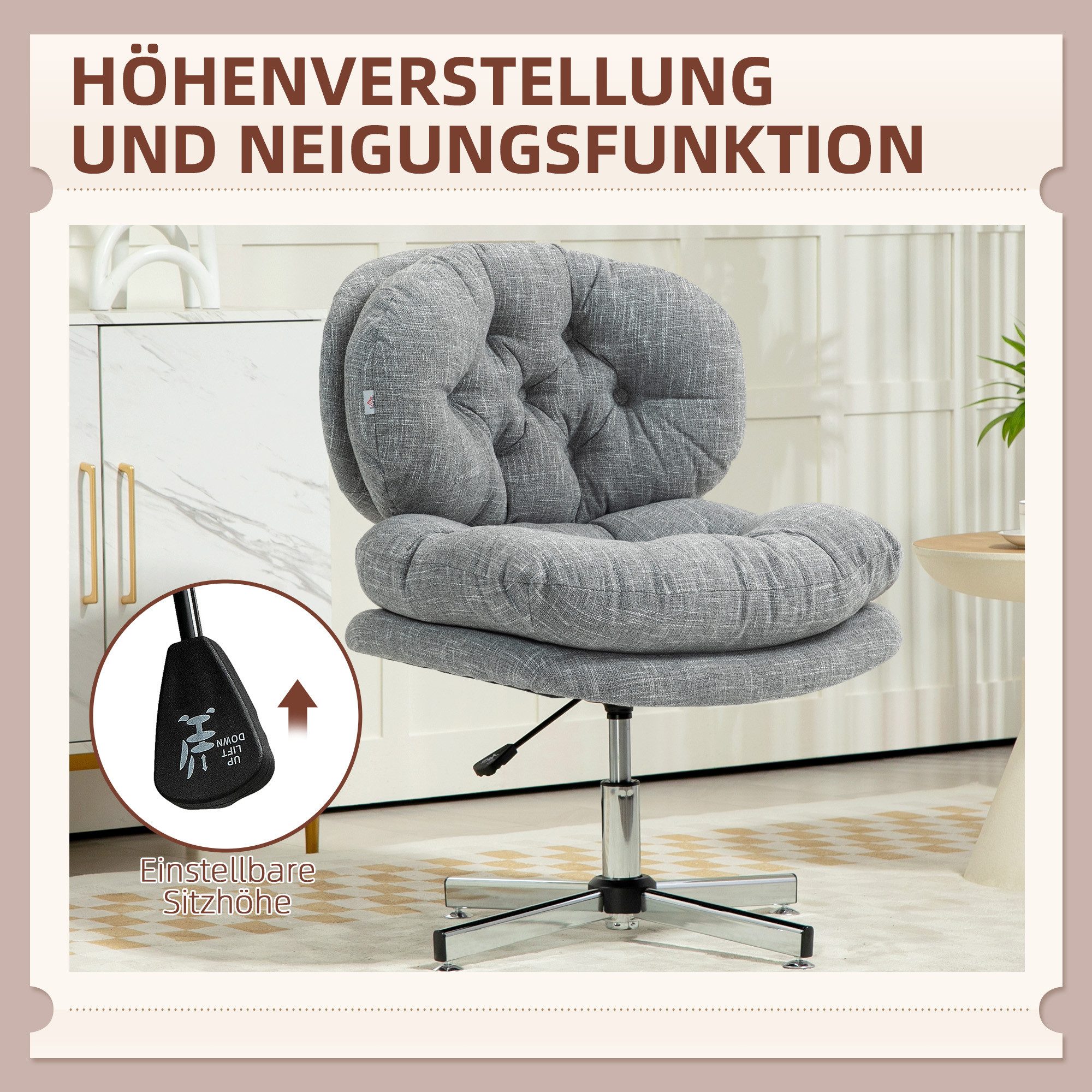 HOMCOM Bürostuhl Schreibtischstuhl breite Sitzfläche, Schneidersitz-Stuhl ergonomisch (Drehstuhl, 1 St), mit Leinenoptik, für Home-Office, Grau – Bild 5 von 5