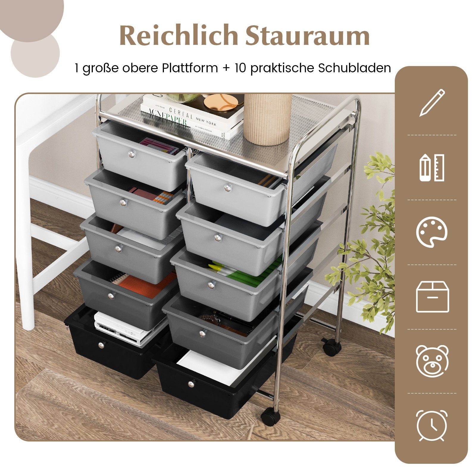 COSTWAY Rollwagen, mit 10 stapelbaren Schubladen&Ablage, Metall, 65,5x37x87cm