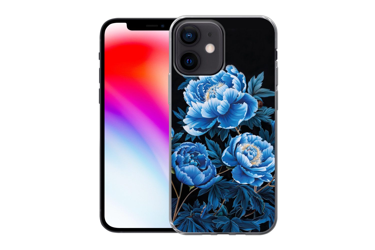 MuchoWow Handyhülle für Apple iPhone 12 mini Blumen - Schwarz - Blau - Modern, Smartphone-Bumper, Print, Handy Schutzhülle Dünn