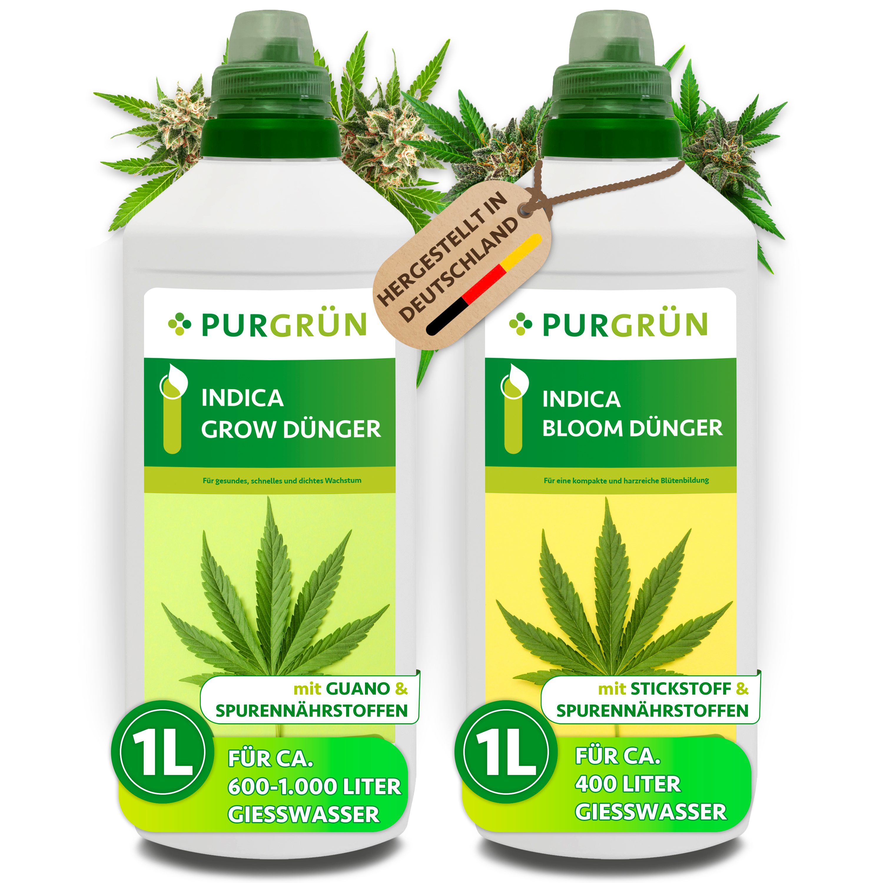 Purgrün Pflanzendünger Indica Dünger Set, NPK für Wachstum & Blüte, 2L, Flüssigdünger, 2-St.