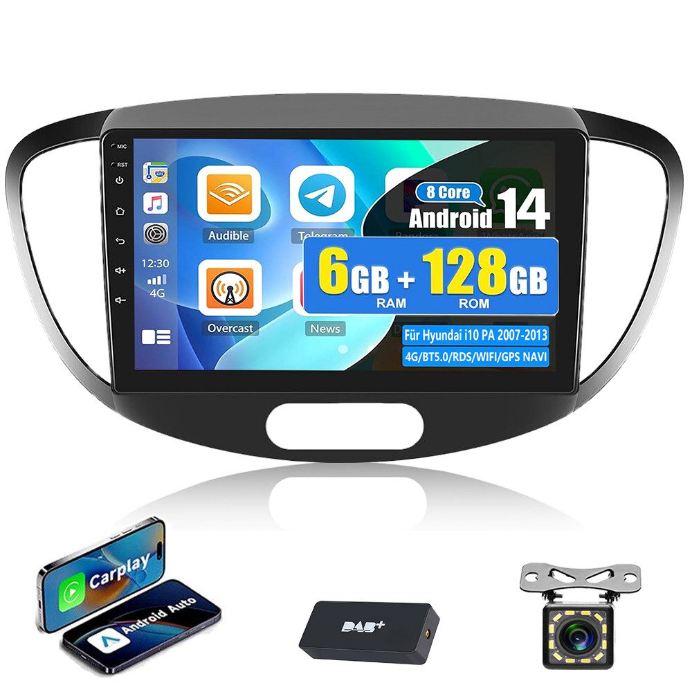 ESSGOO DAB+ Autoradio Für Hyundai i10 PA 2007-2013 6+128G Android 14 Carplay Autoradio (Digitalradio (DAB), RDS, 6+128G, AM, FM, Carplay Android Auto Bluetooth EQ USB GPS Navi WIFI Touchscreen)