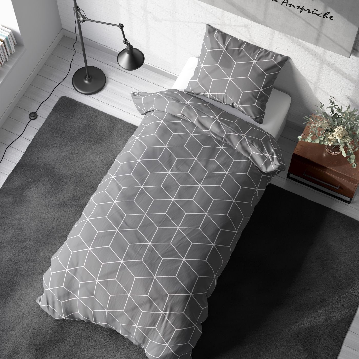 soma Bettwäsche Set Renforcé 135x200 Baumwolle Cube grau, Renforcé, 2 teilig, Geschenkidee atmungsaktiv weich sale Reißverschluss Partner Sommer
