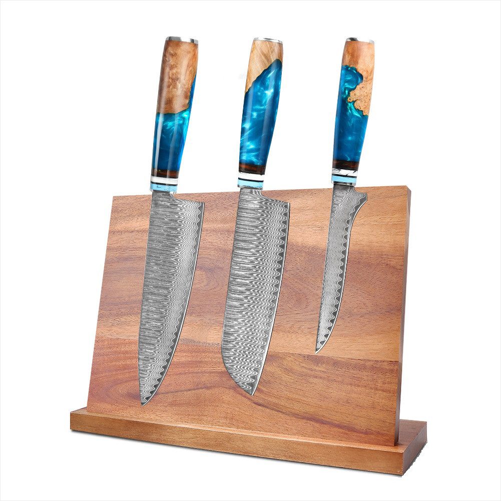 KingLux Messer-Set 3tlg.Damastmesser mit Magnet-Messerblock Doppelseitiger (3-tlg)