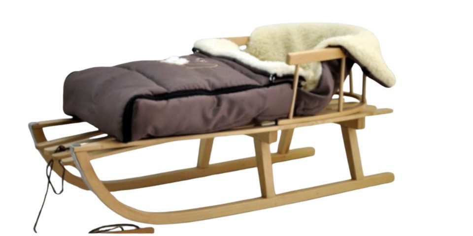 GOLDKIDS Rodel Holzschlitten Kinderschlitten aus Buchenholz (Rückenlehne inkl. Zugseil, + Winterfußsack Schlittensack 40 x 90 cm), Fußsack Schlitten Kinderwagen