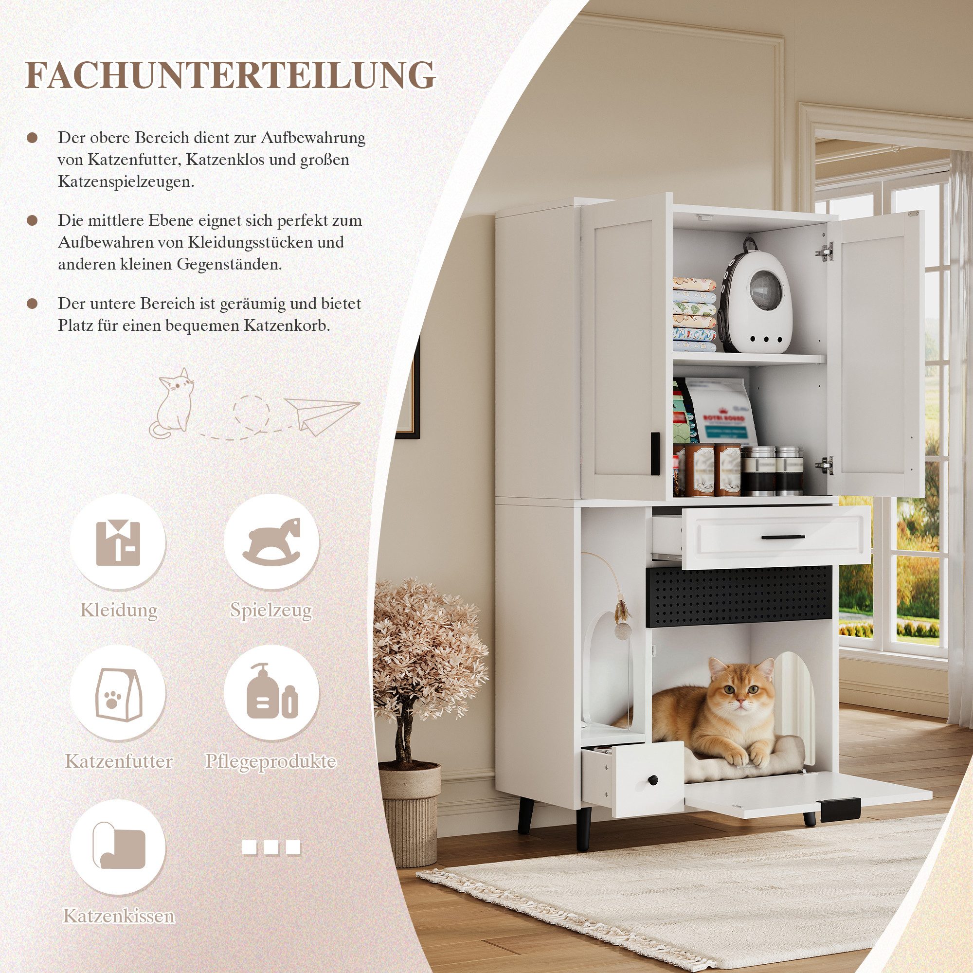 Odikalo Tierhaus Katzenschrank Katzenklo Schrank mit integriertem Stauraum, mit Teilungslagerung,beweglichen Ablagen,Schubladen&Katzenbett-Bereich