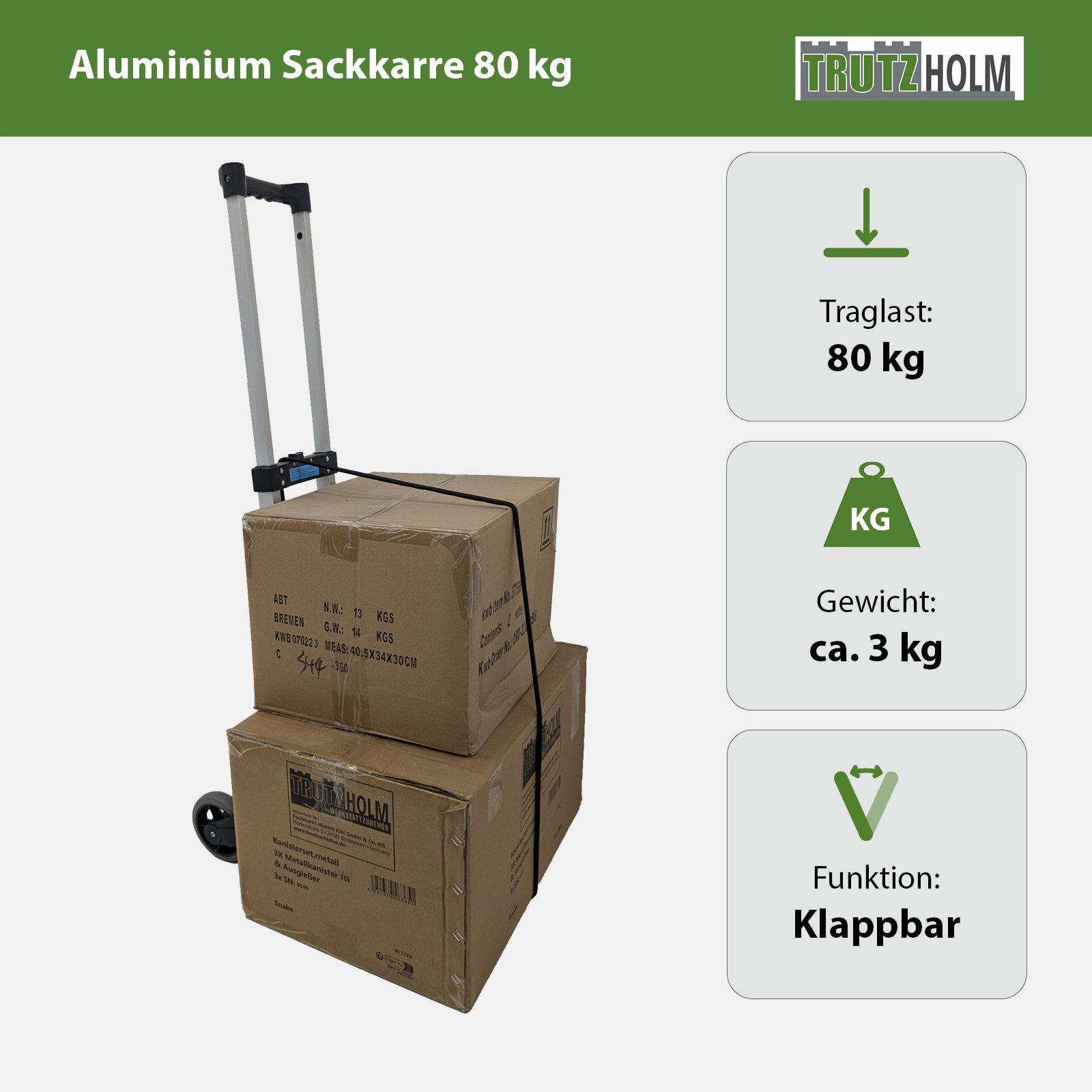 TRUTZHOLM Sackkarre Aluminium Sackkarre klappbar 80 kg Traglast geringes Eigengewicht, (Stück, 1-St), Teleskoprahmen