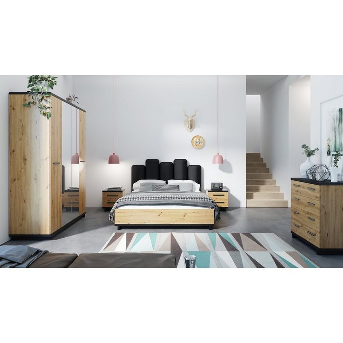 Stylefy Schlafzimmer-Set Soyer Artisan Eiche Melamin Graphit (Komplettset Set (5-St) bestehend aus 1xDoppelbett 1xSchwebetürenschrank 1xKommode und 2xNachttisch variabel stellbar Modern Design