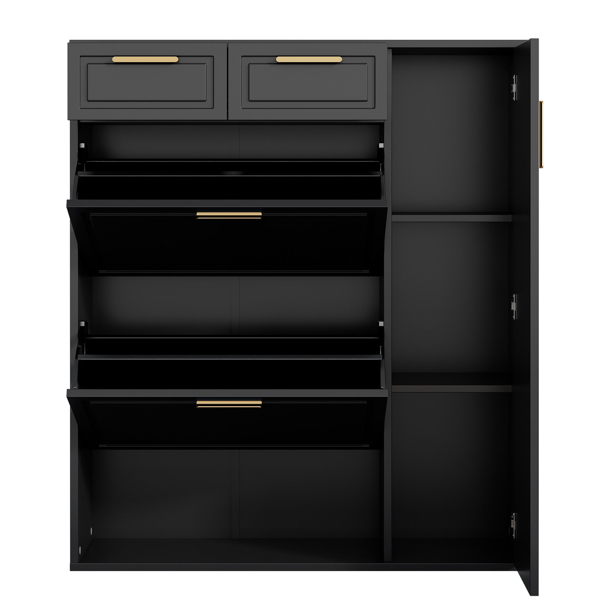 Flieks Schuhschrank mit 2 Schuhklappen, 2 Schubladen und 2 Türen Weiß/Schwarz (1-St., B95/D24/H107,5 cm) Schuhkommode Schuhkipper Schuhregal für 15 Paar