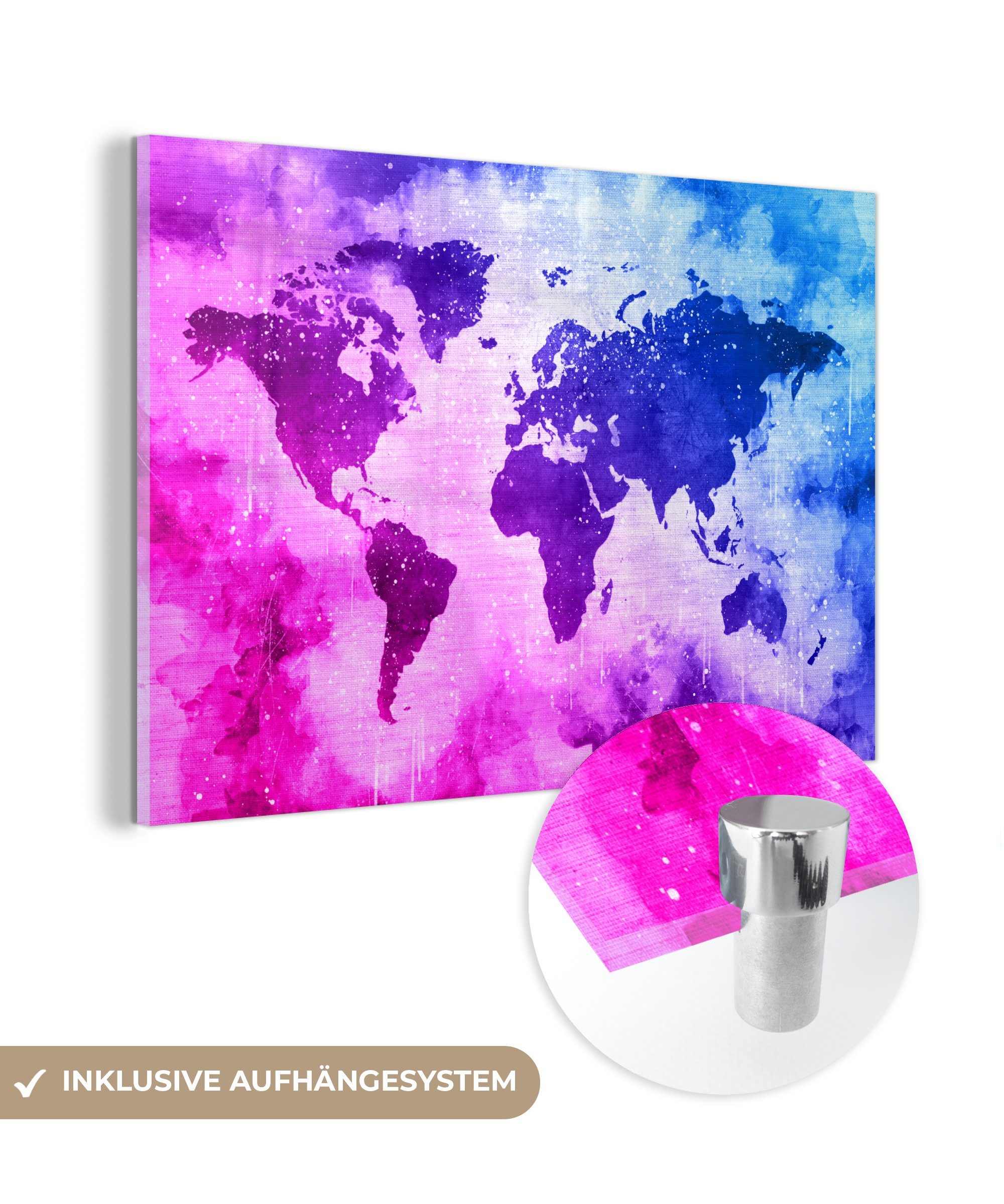 MuchoWow Acrylglasbild Weltkarte - Rosa - Lila, (1 St), Glasbilder - Bilder auf Glas Wandbild - Foto auf Glas - Wanddekoration